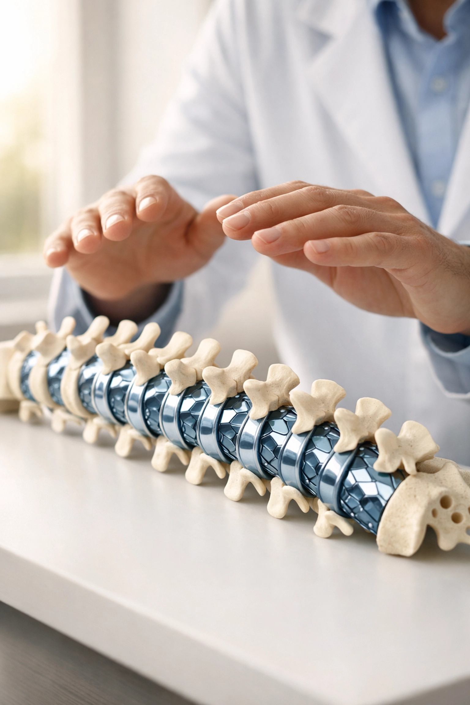 Chiropractor hands over a modern spine model symbolizing high-tech patient care and marketing partnership.