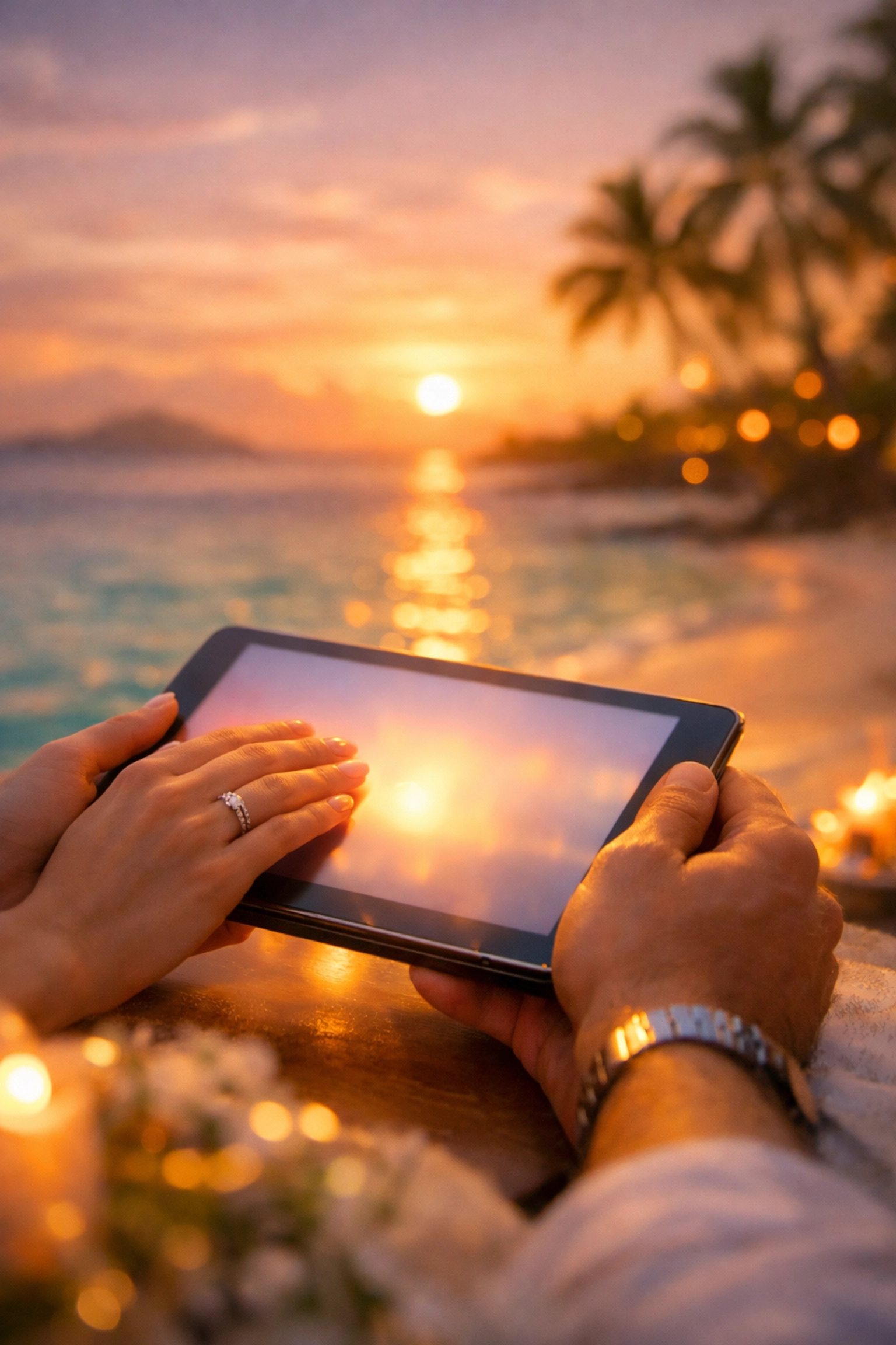 Couple using a tablet to manage their wedding honeymoon fund and digital guest response list.