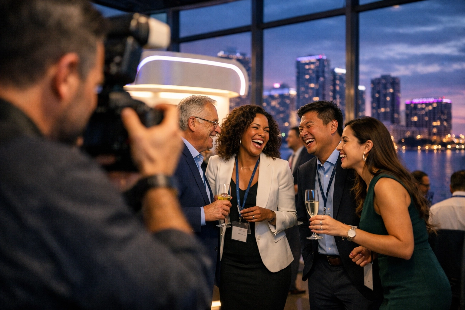 A professional Miami event photographer capturing candid moments at a high-end corporate trade show.