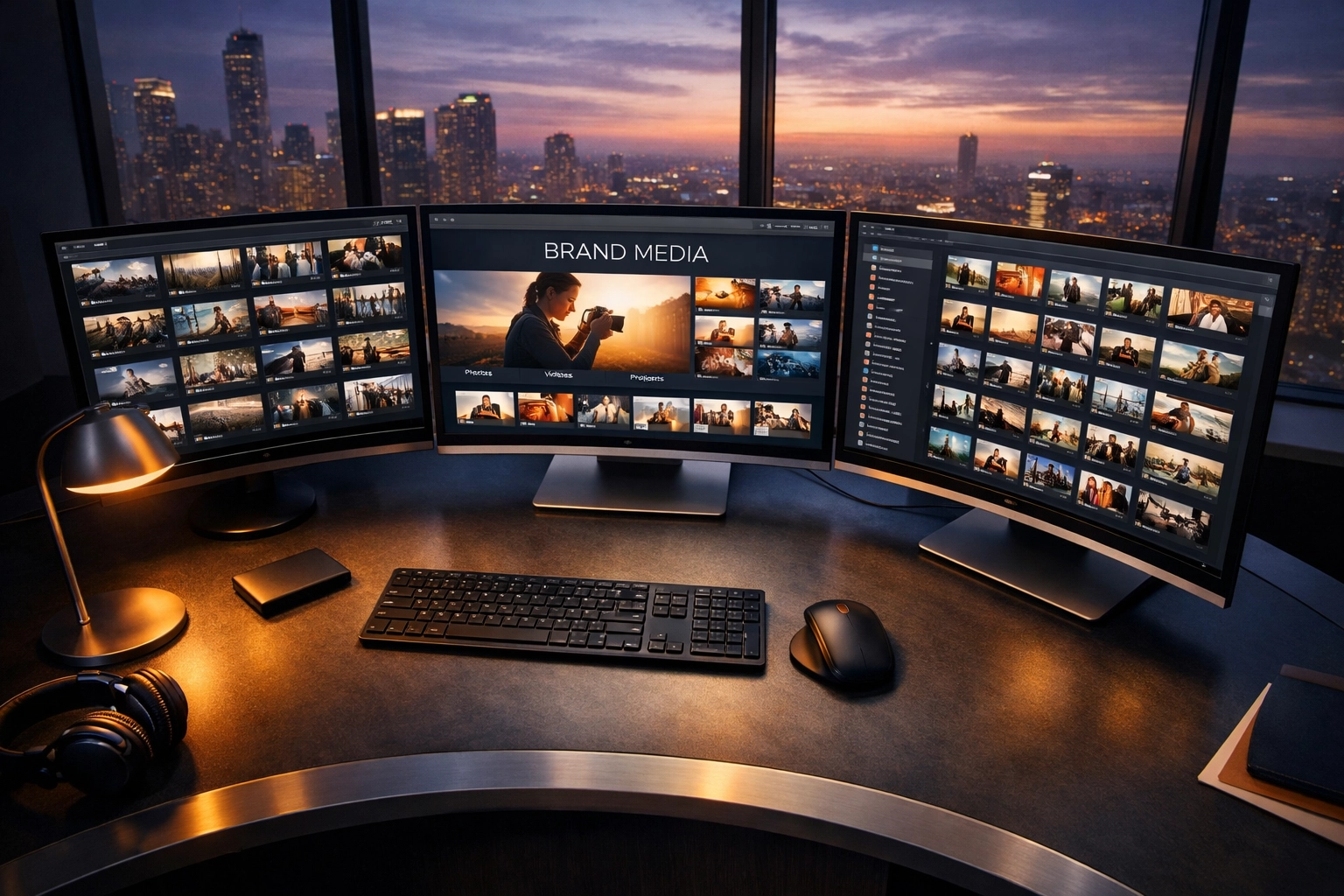 Modern workspace with multiple monitors displaying organized media asset management system with video and brand files