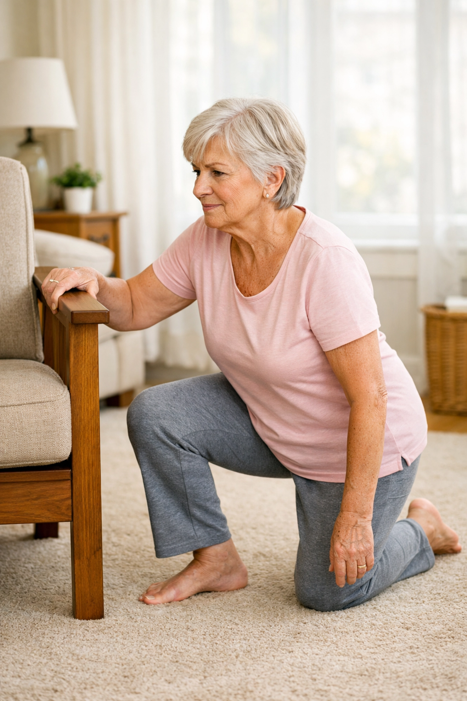 Senior woman in half-kneeling position using chair support to stand up after fall