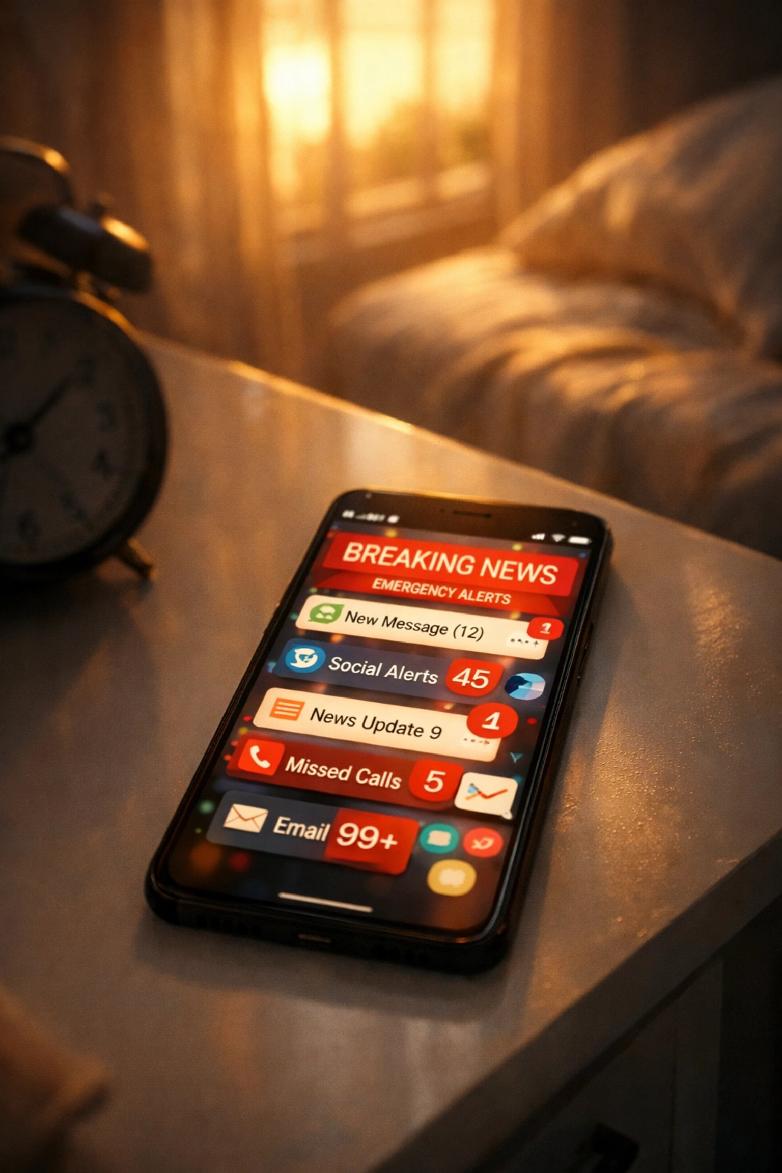 Smartphone with chaotic news notifications on bedside table disrupting morning peace
