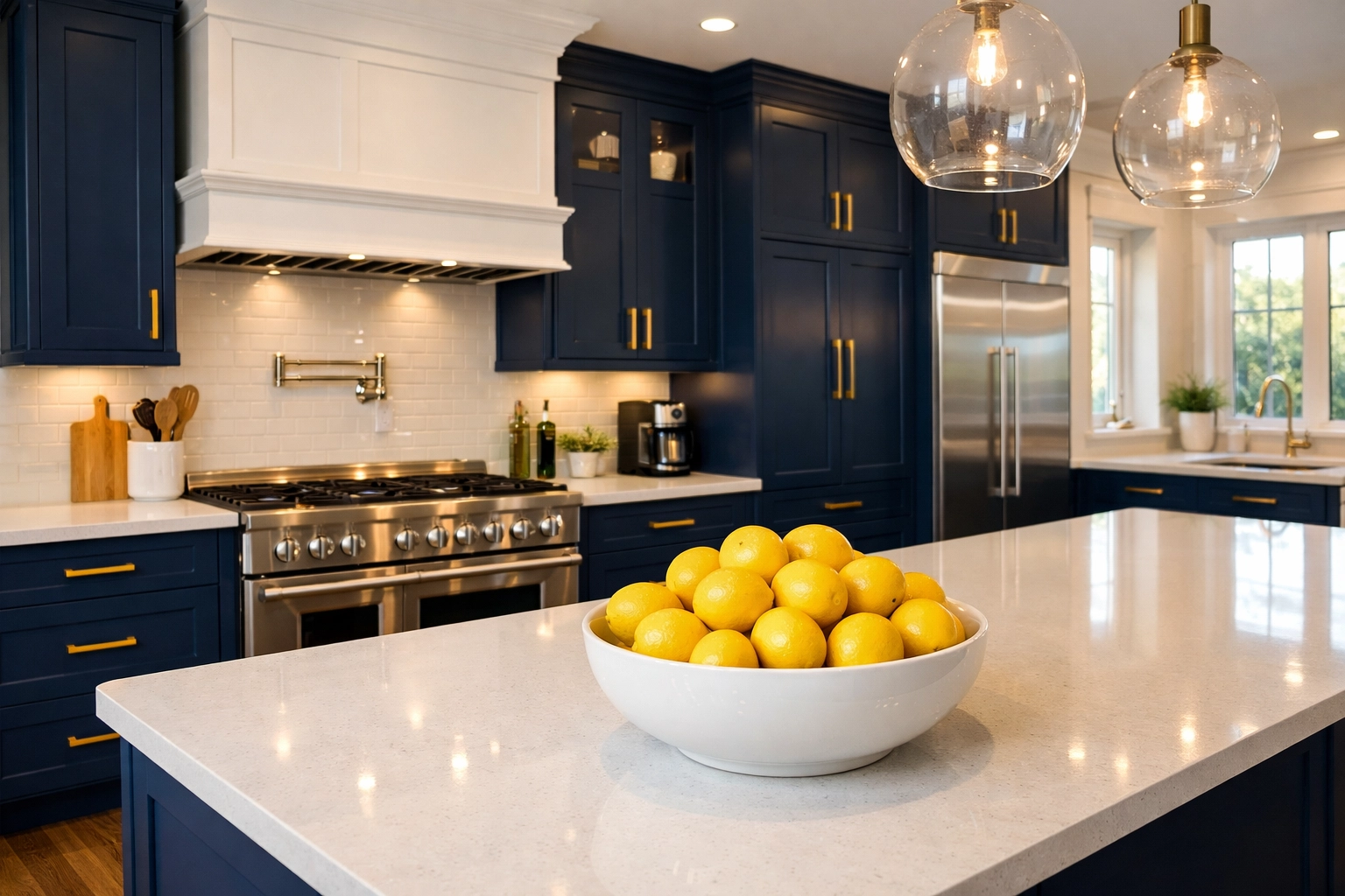 Sparkling clean Milton luxury kitchen featuring sanitized white quartz countertops and navy cabinetry.