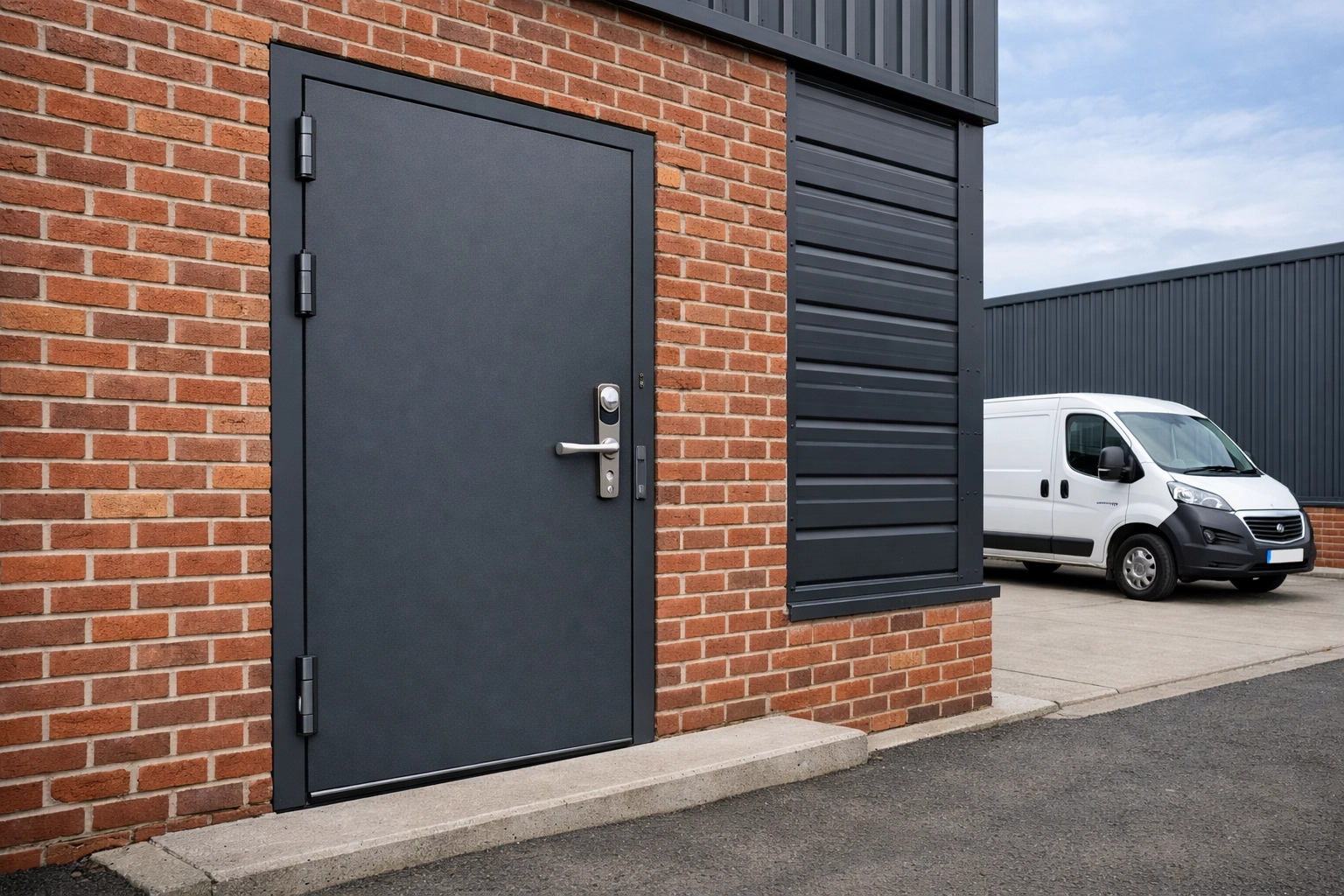 Secure anthracite grey steel security door installed on an industrial warehouse in Taunton.