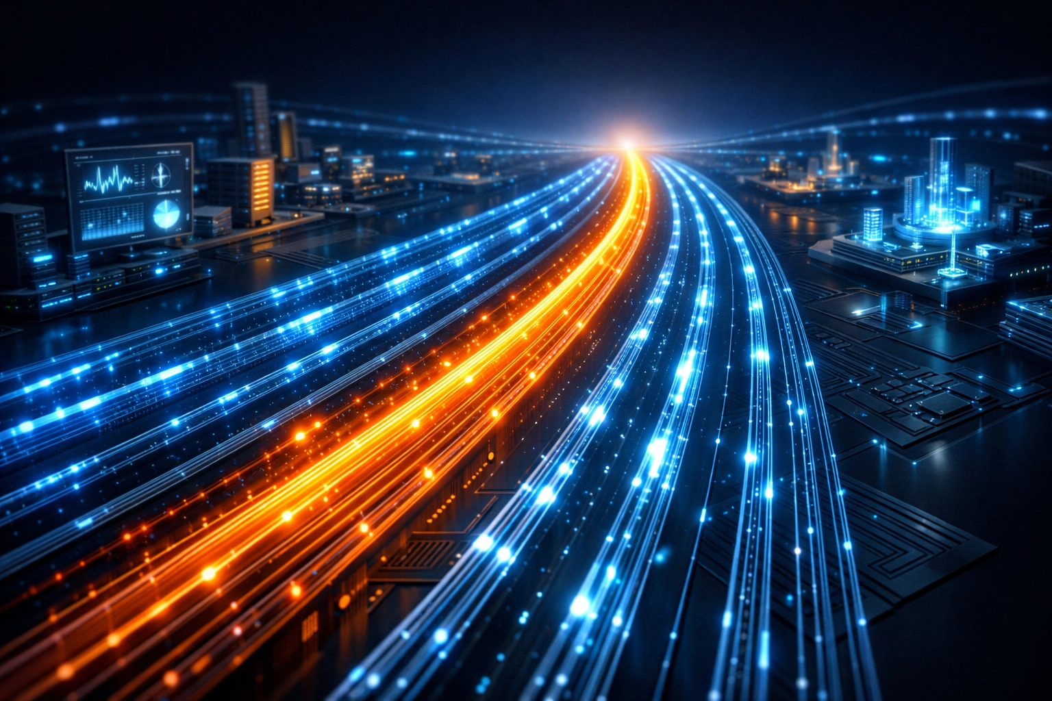 Digital data highway representing prioritized voice traffic for business VoIP Canada and SIP trunking.