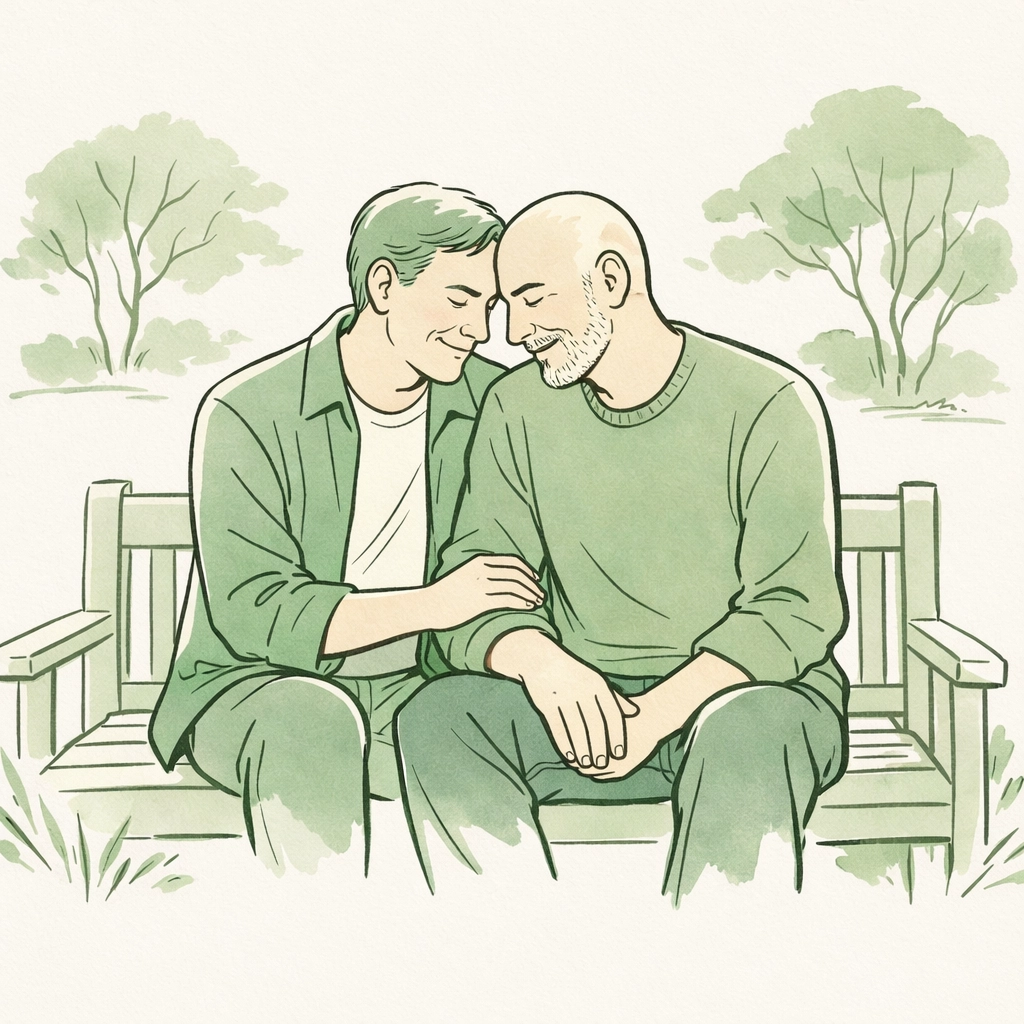 Two older men sitting together on a park bench, representing the resilience of coming out later in life.