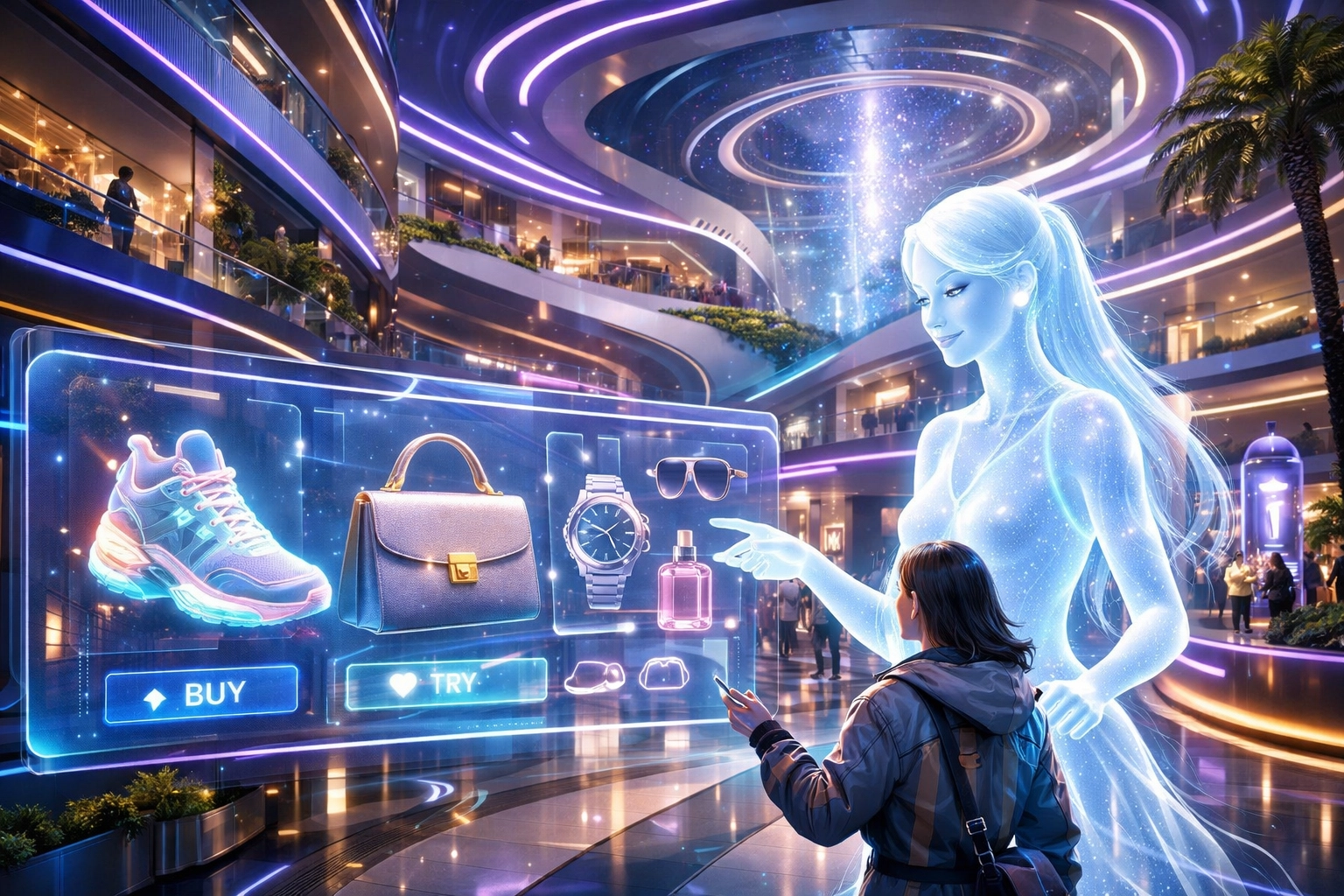 AI-powered shopping in a futuristic metaverse mall where digital purchases support charitable global initiatives.