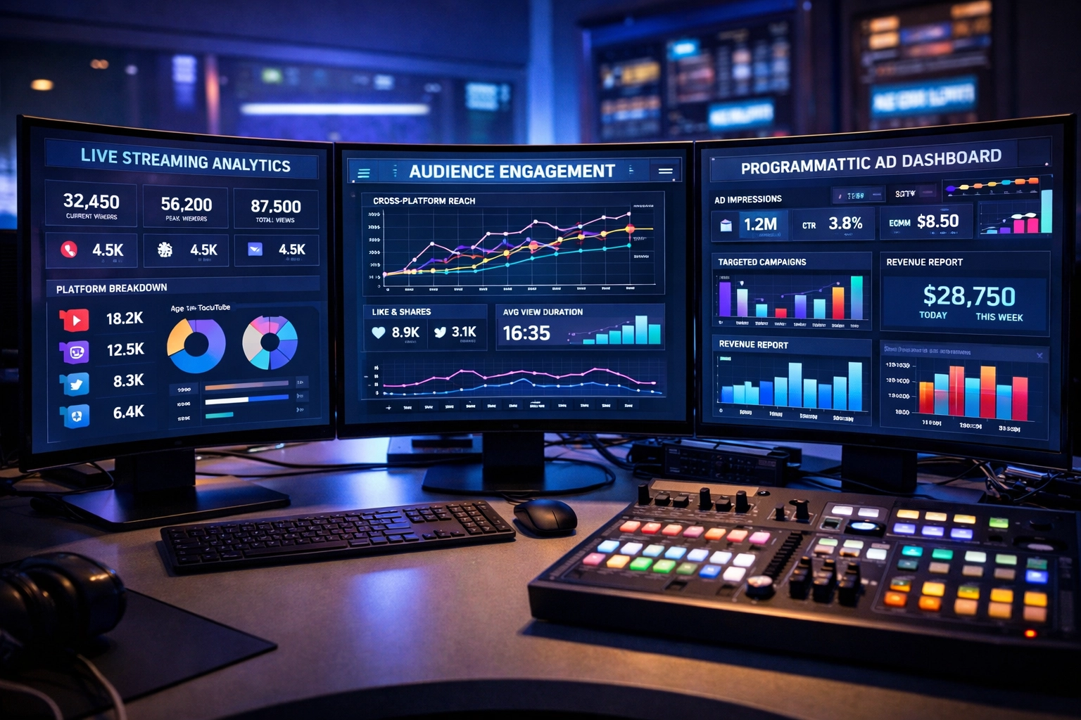 Broadcast control room displaying streaming analytics and programmatic advertising dashboards