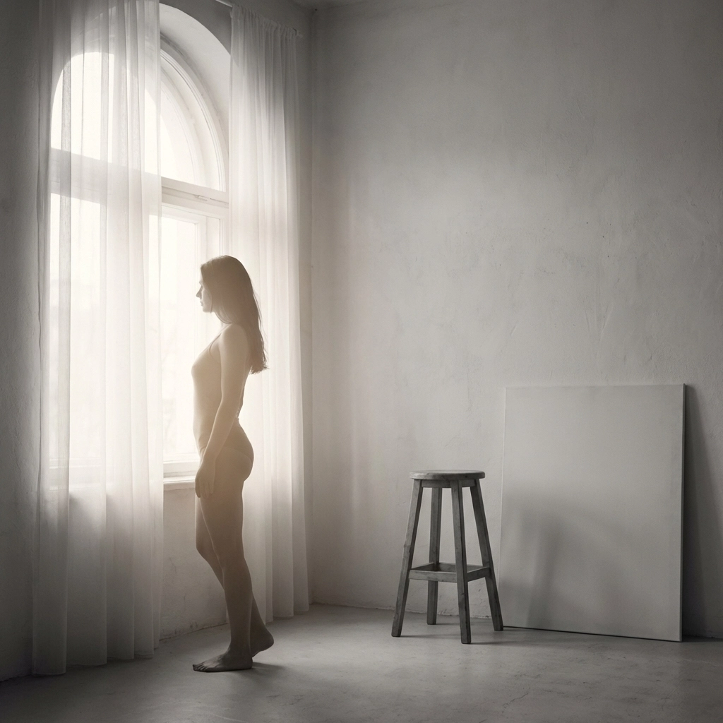 Fine art nude photography featuring a model in a minimalist studio with soft natural window light.