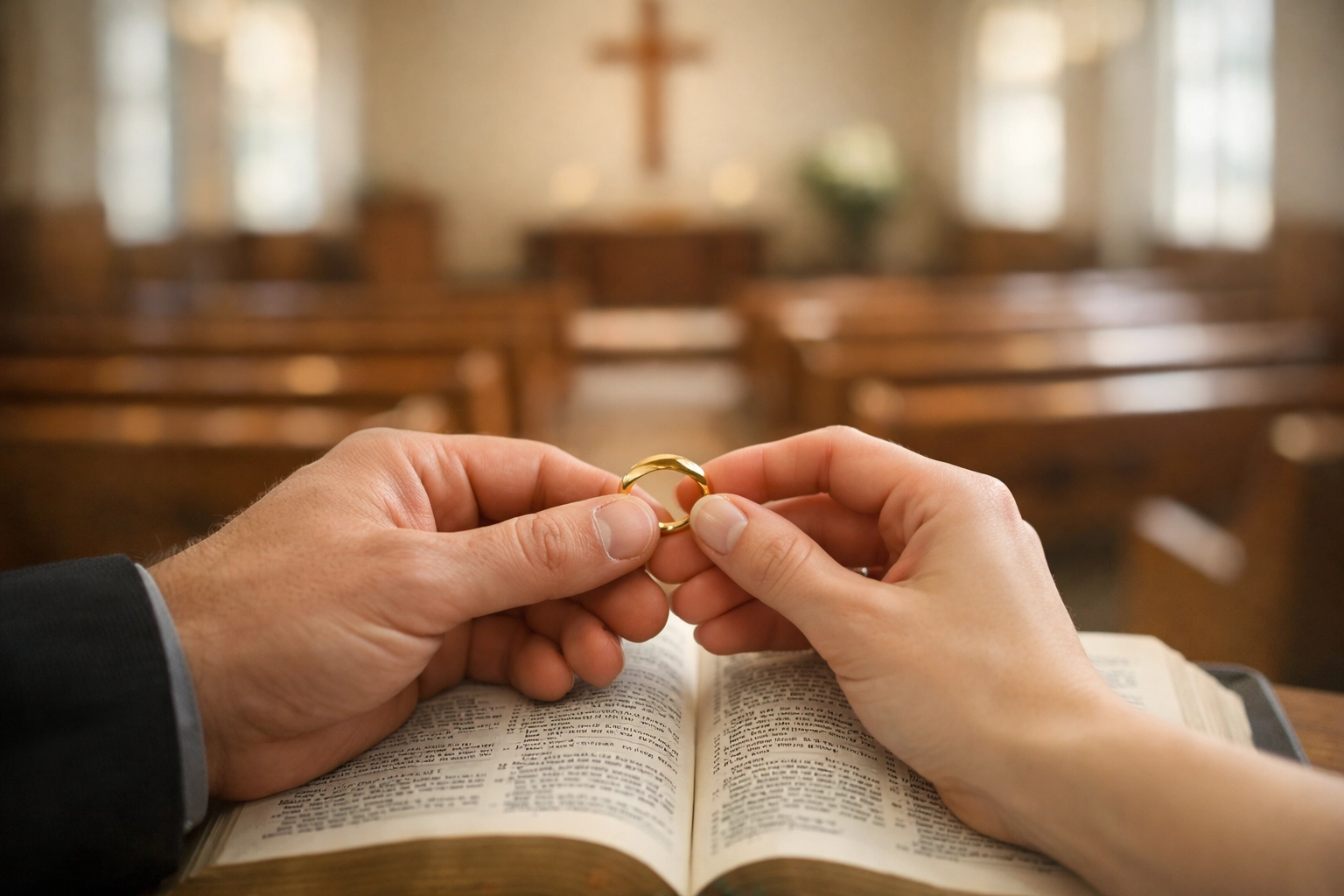 Couple holding a gold wedding ring over an open Bible in a church sanctuary for a marriage covenant.