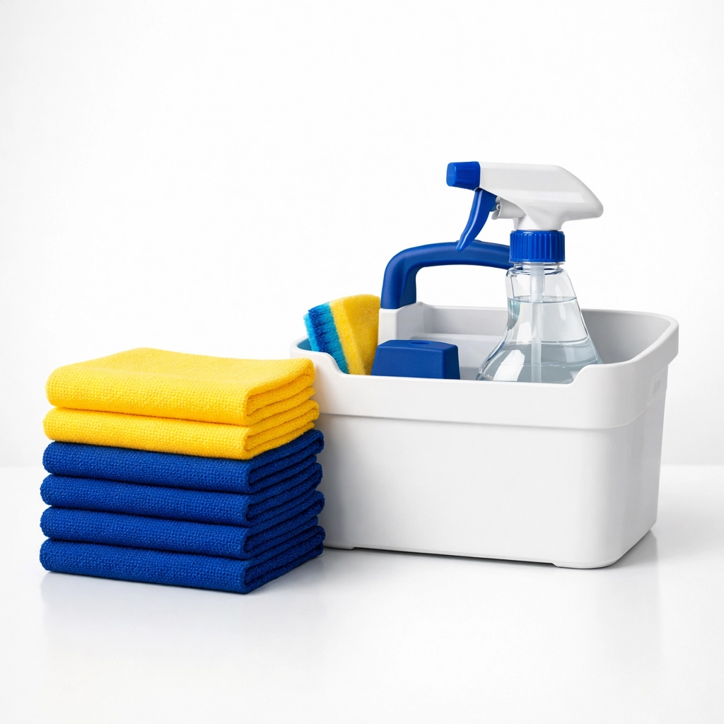 Professional office cleaning supplies including color-coded microfiber cloths for sanitizing Westborough workplaces.