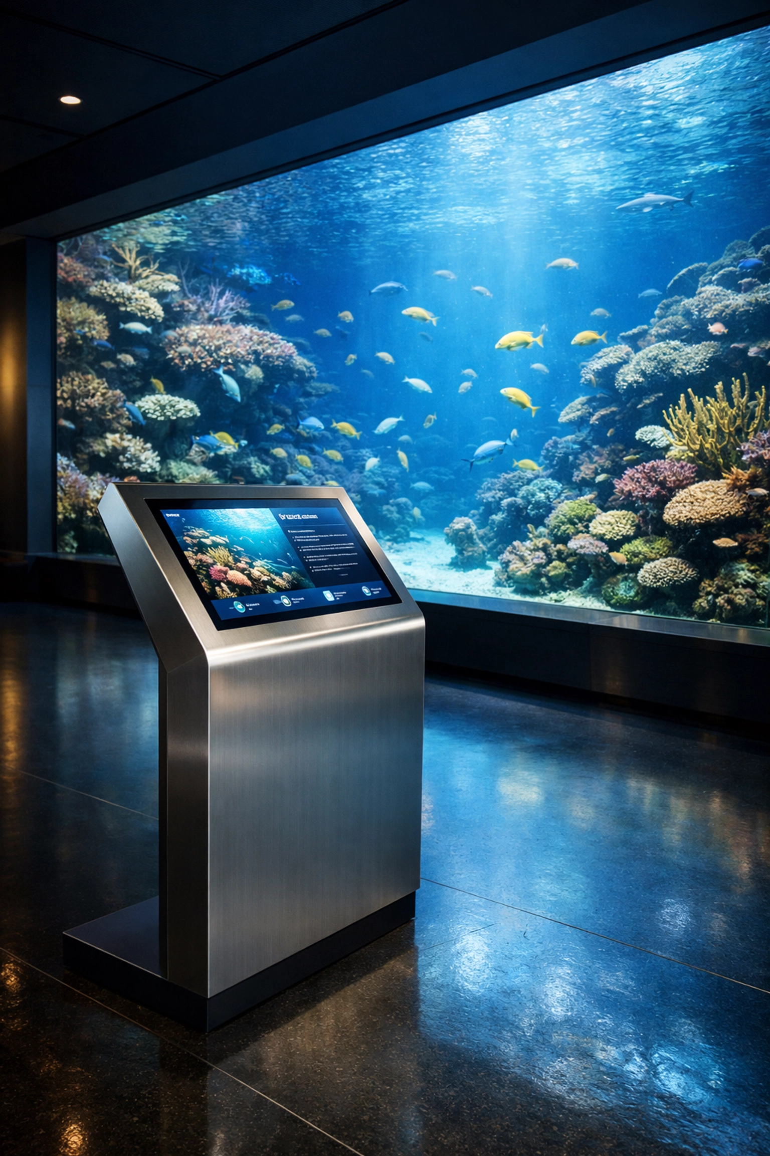 Sleek interactive kiosk providing educational digital media at a modern aquarium exhibit gallery.
