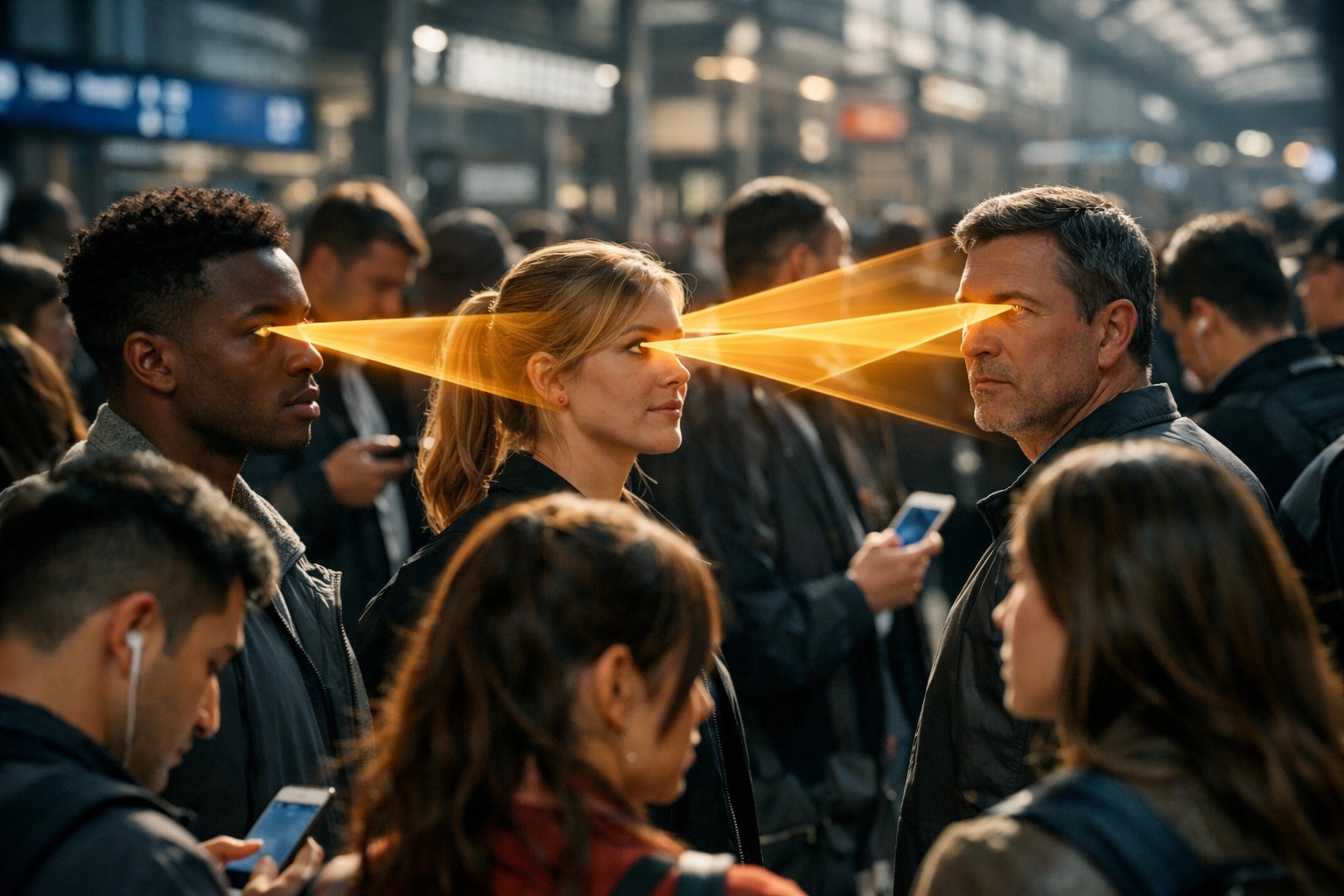 Likelihood to See visualization showing consumer engagement and eye-contact in a busy transit hub.