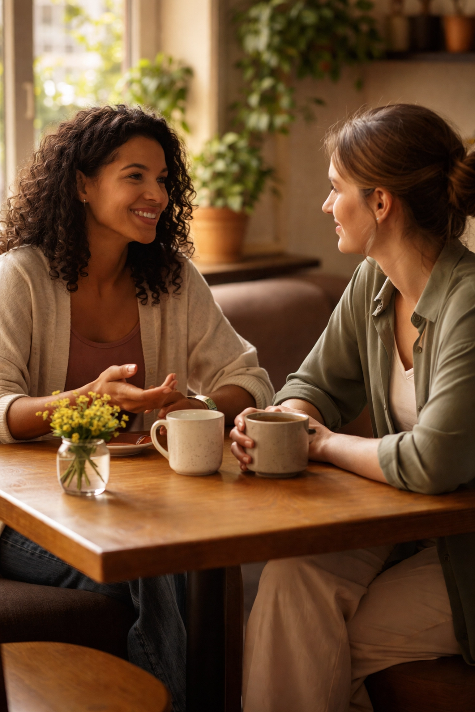 Two people having a calm, thought provoking conversation, demonstrating mindful communication.