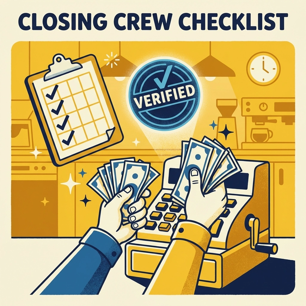 Illustration of restaurant staff counting cash and verifying checklist, emphasizing accurate tip reconciliation and closing procedures
