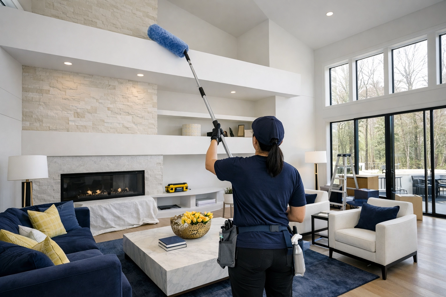 Professional cleaner dusting a high ledge during post-construction cleaning in a luxury Massachusetts home.