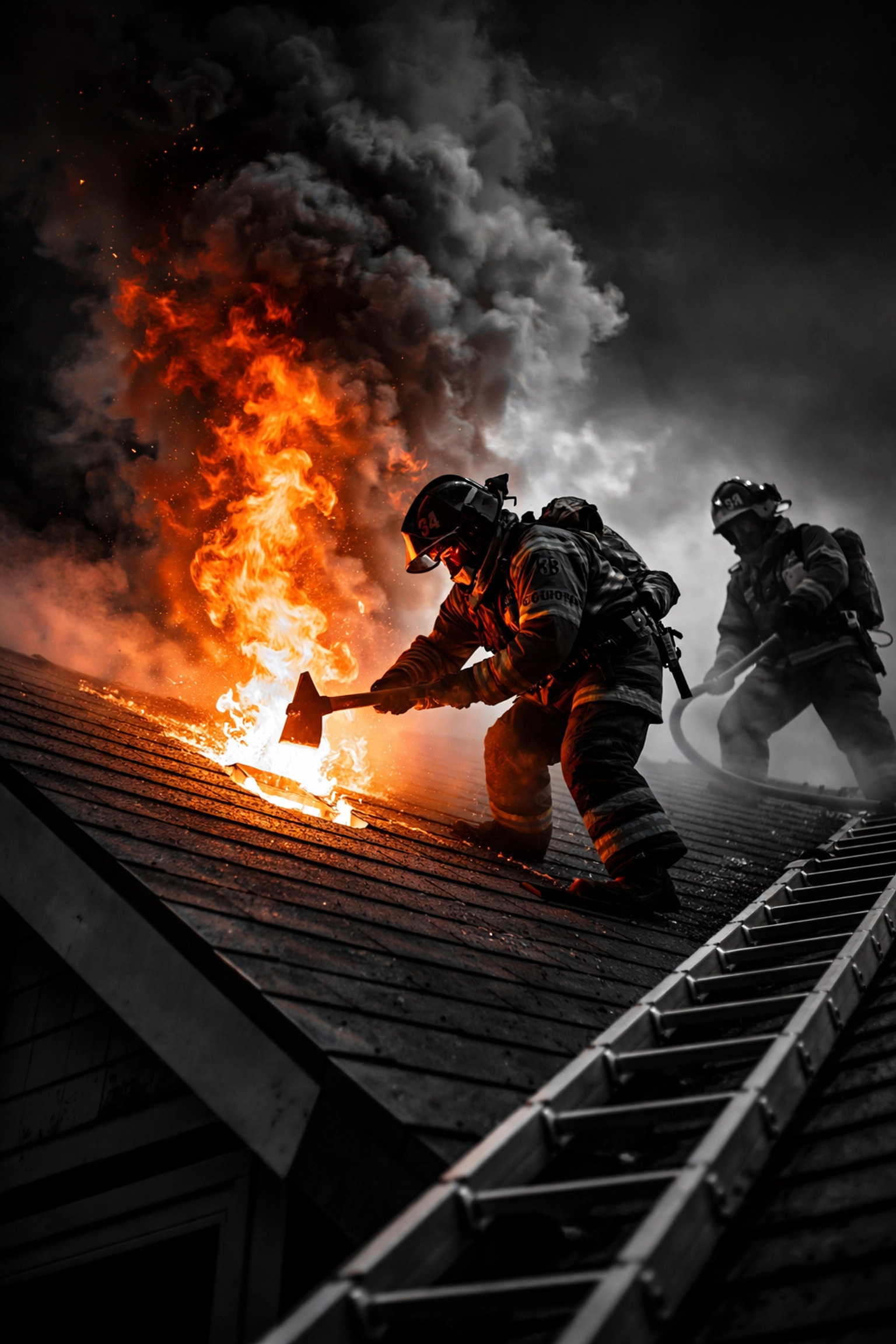Firefighters cut a ventilation hole in a roof during a Salisbury fire, releasing smoke and flames for safety.