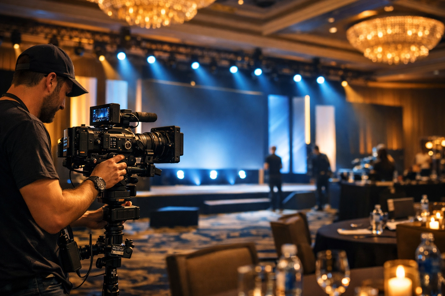 Professional event video production team setting up cinema cameras for a corporate conference in Los Angeles.