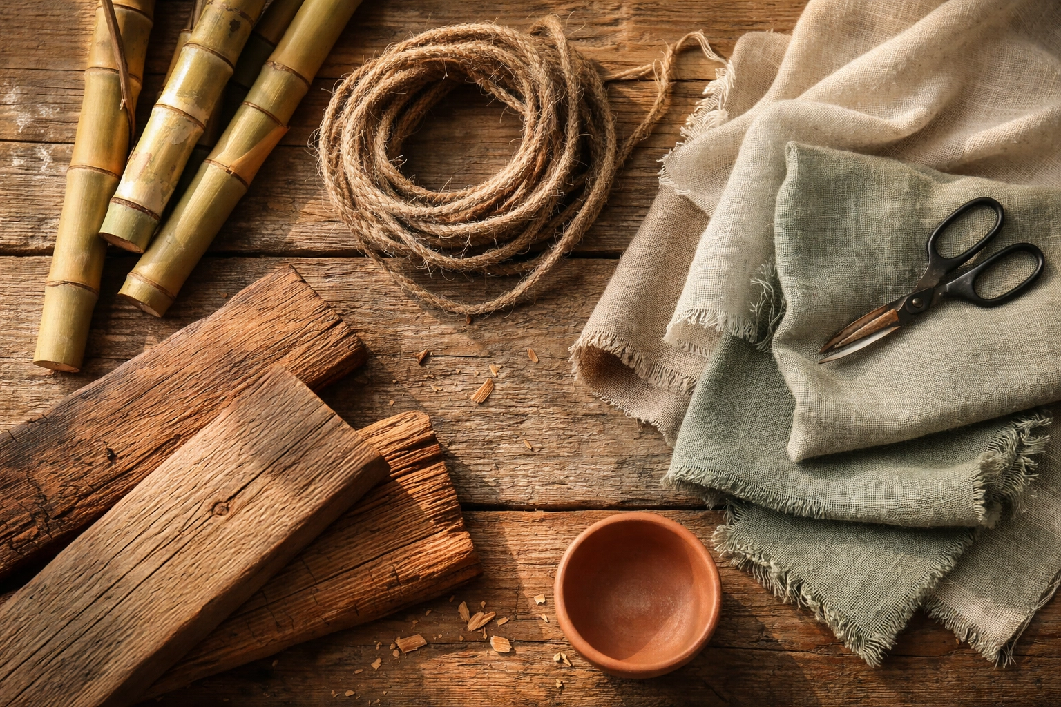 Flat lay of sustainable artisan materials including reclaimed wood, natural linen, bamboo, and terracotta bowl