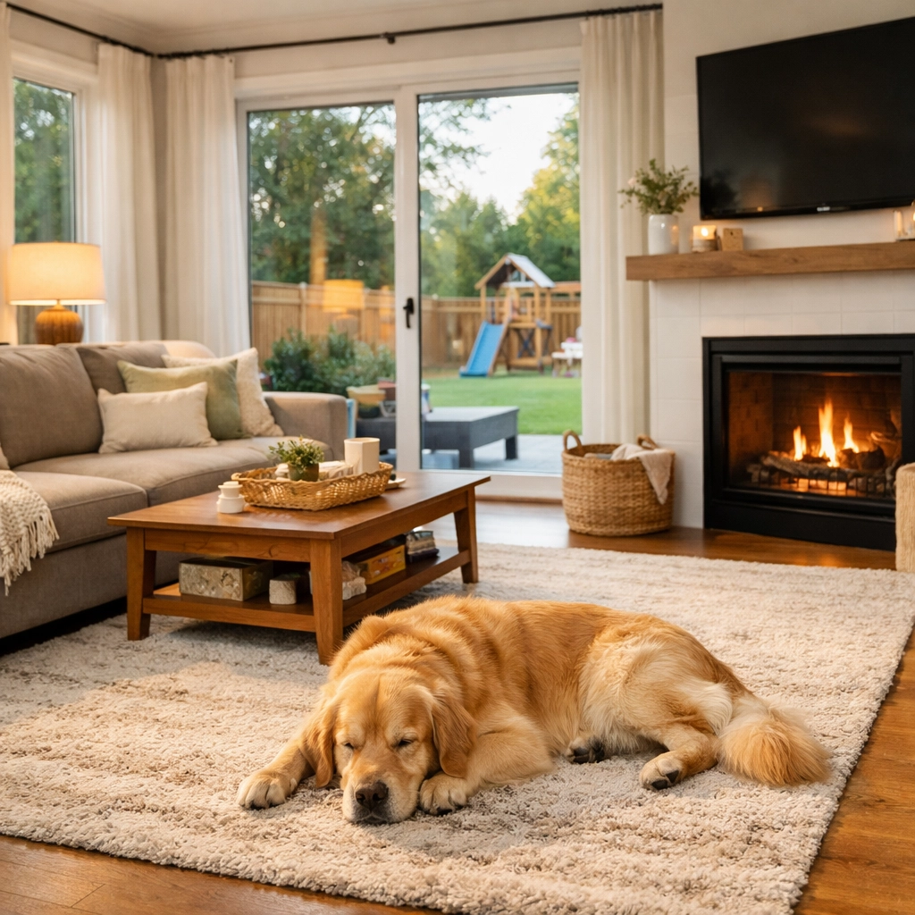 Comfortable suburban Denver living room with a modern fireplace, perfect for a family home search.