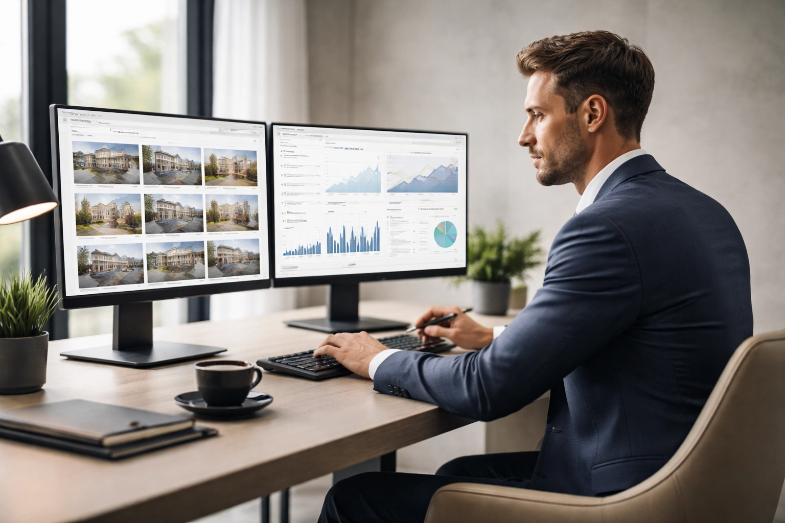 Real estate professional analyzing property data and AI insights at a minimalist office desk