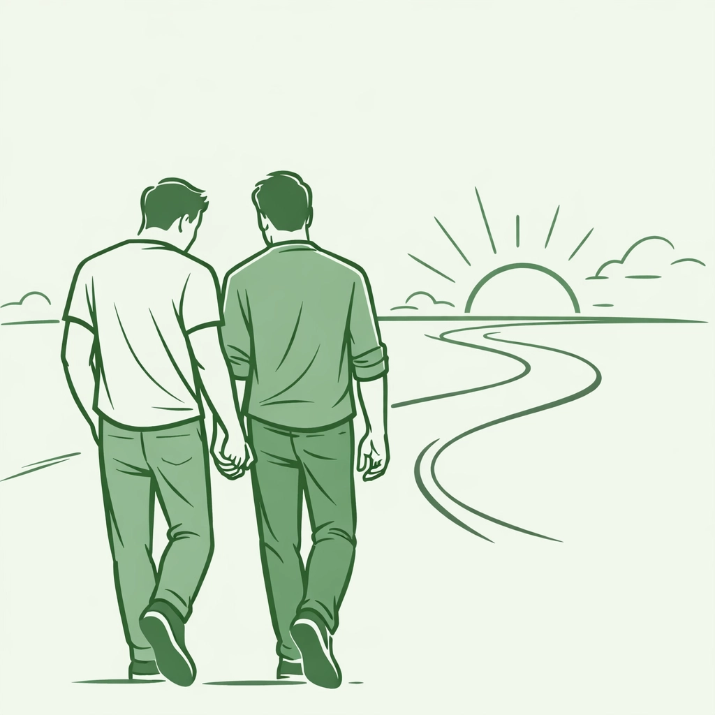 Two men holding hands and walking toward a hopeful horizon, representing resilience in gay fiction.