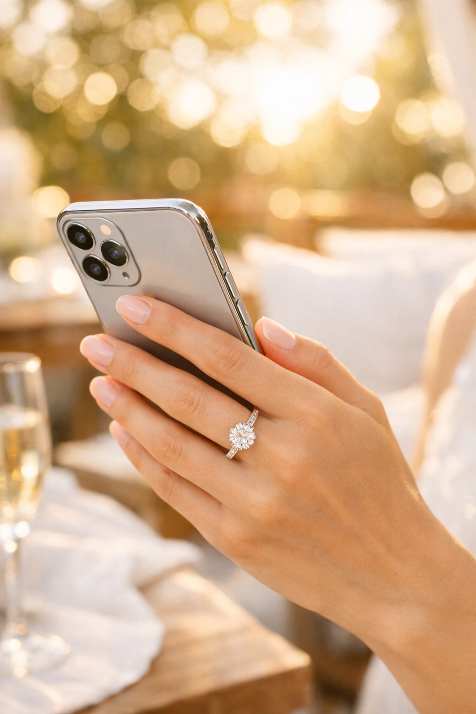 Close-up of a bride using a smartphone to manage a digital wedding RSVP and funding portal.