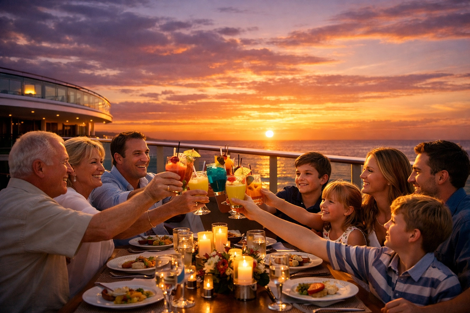 Family reunion group toasting with cocktails during a scenic sunset dinner on a luxury cruise ship.