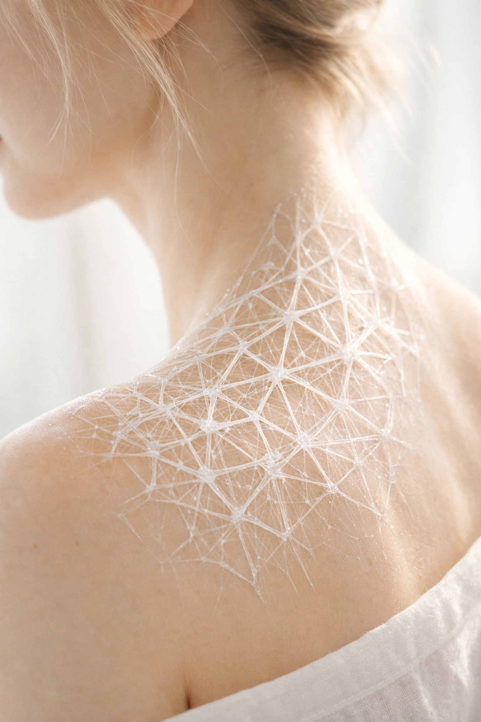 Synthetic fascia lattice on skin created by albino spiders, causing full-body compression and cocooning.