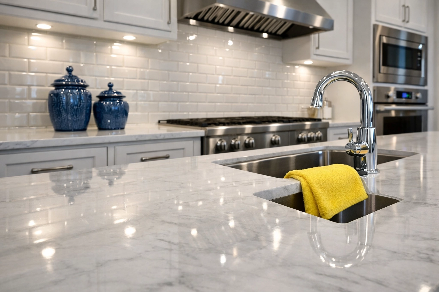 Spotless kitchen with white marble island maintained by weekly house cleaning in Westford.