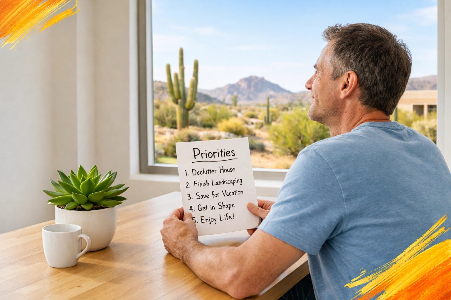 Homeowner in a sun-lit Arizona home simplifying their move with a priorities list and a flat fee realtor. Homeowner in a sun-lit Arizona home simplifying their move with a priorities list and a flat fee realtor.