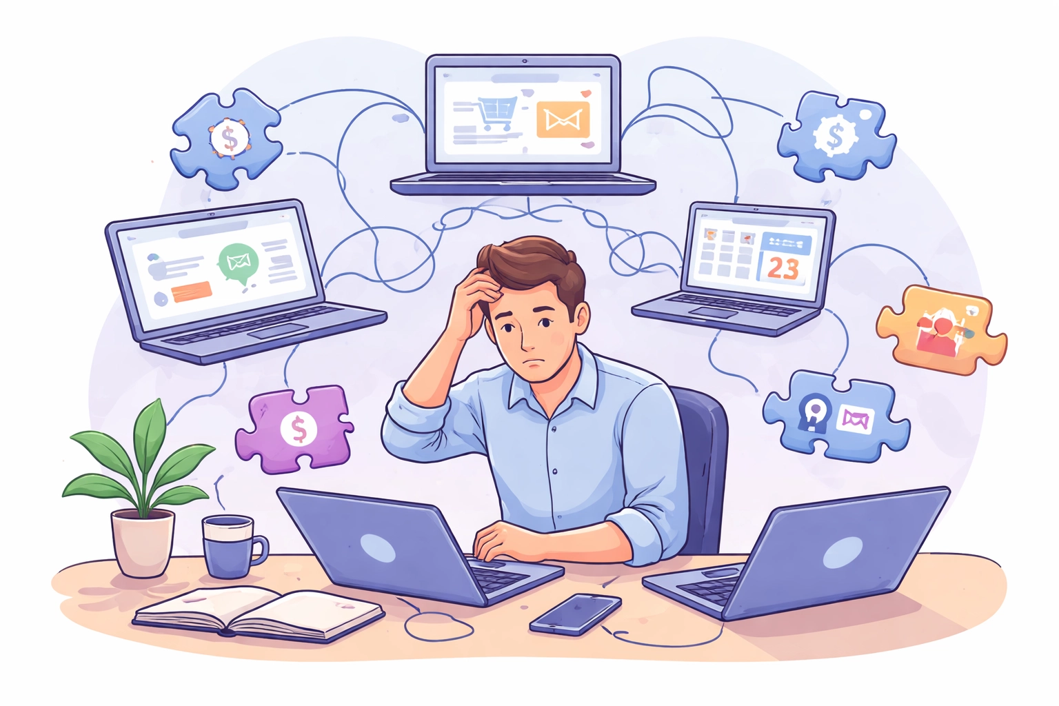 Frustrated business owner surrounded by disconnected software and apps, illustrating challenges of fragmented management systems.