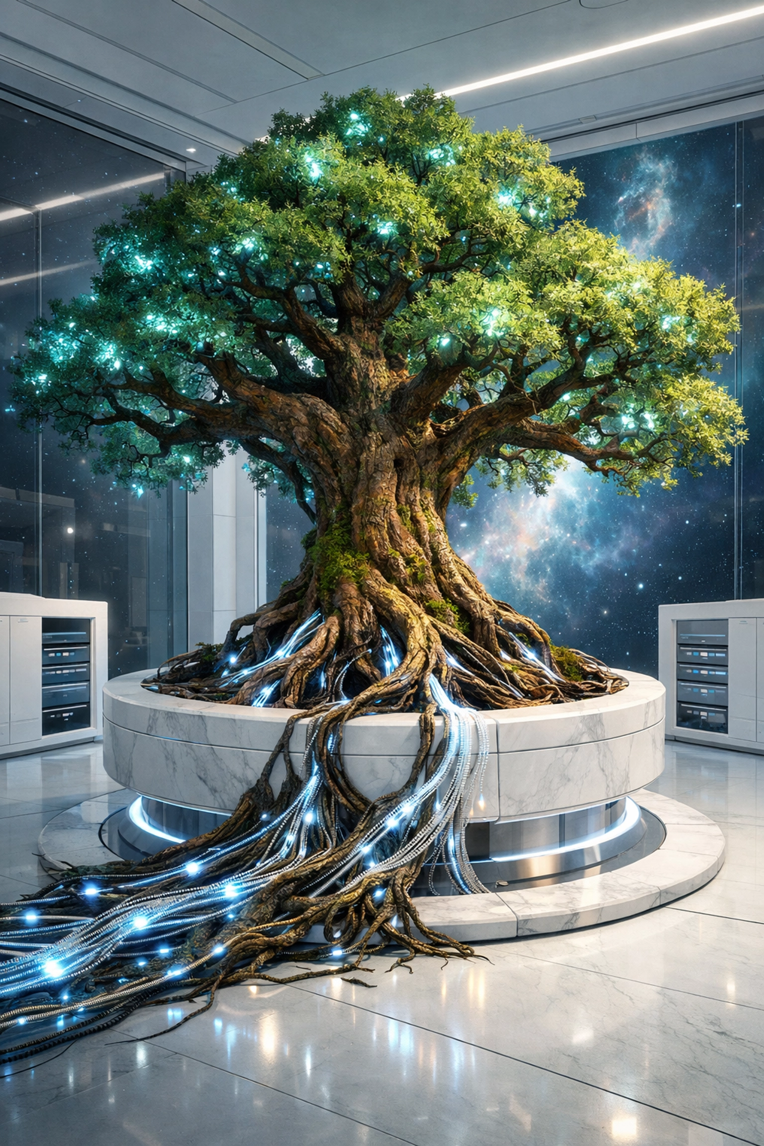 Futuristic tree with fiber optic roots symbolizing the longevity of a high-value evergreen content library.