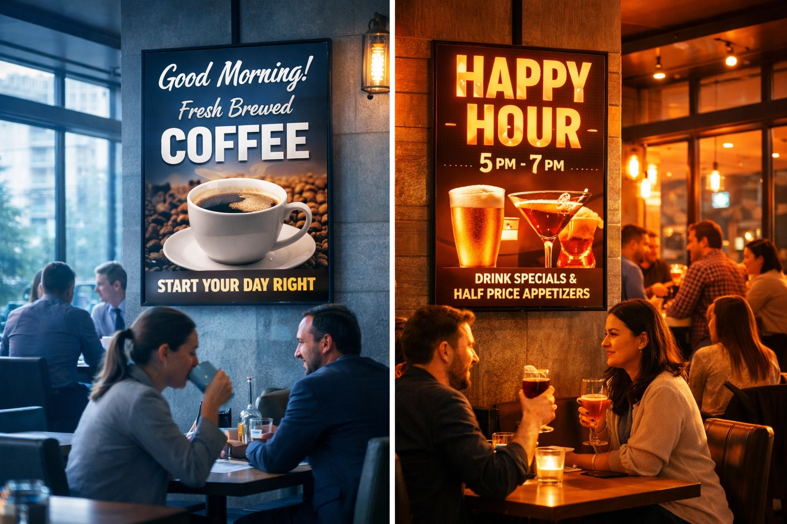 Digital signage showing morning coffee ads and evening promotions with flexible scheduling