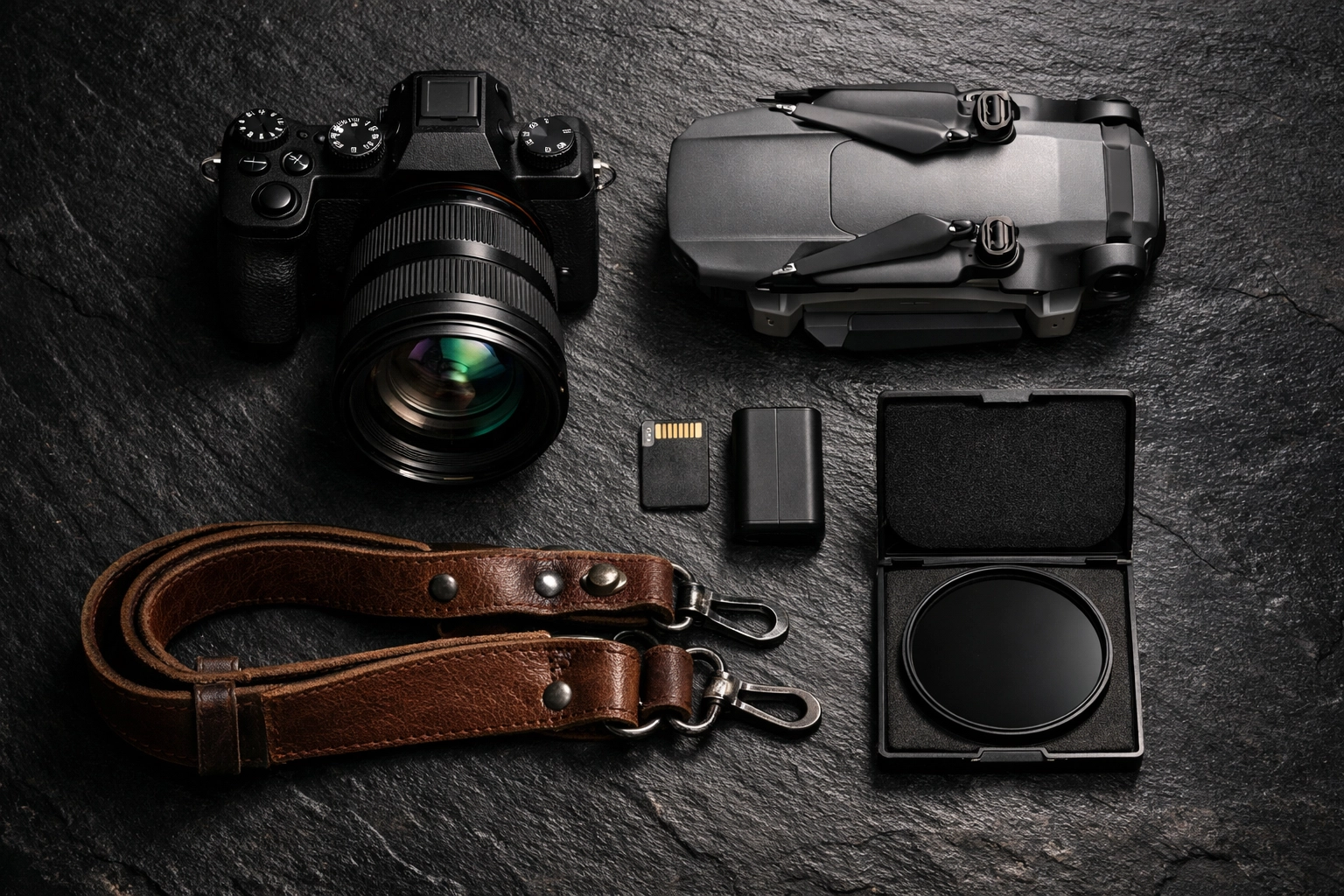Professional travel photography gear and drone used for capturing high-quality images of photo spots.