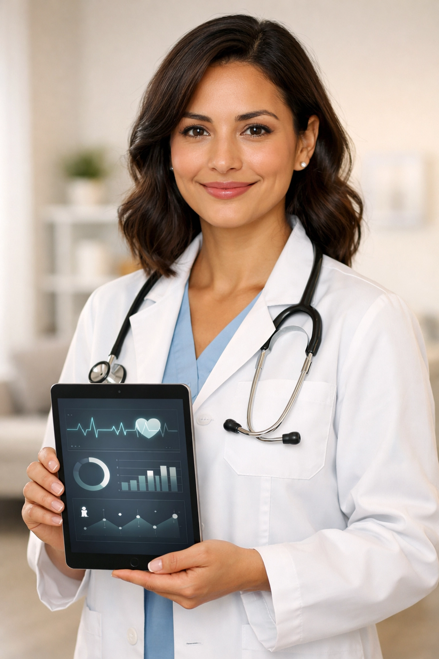 A licensed healthcare provider holding a digital tablet during a medical weight loss consultation.