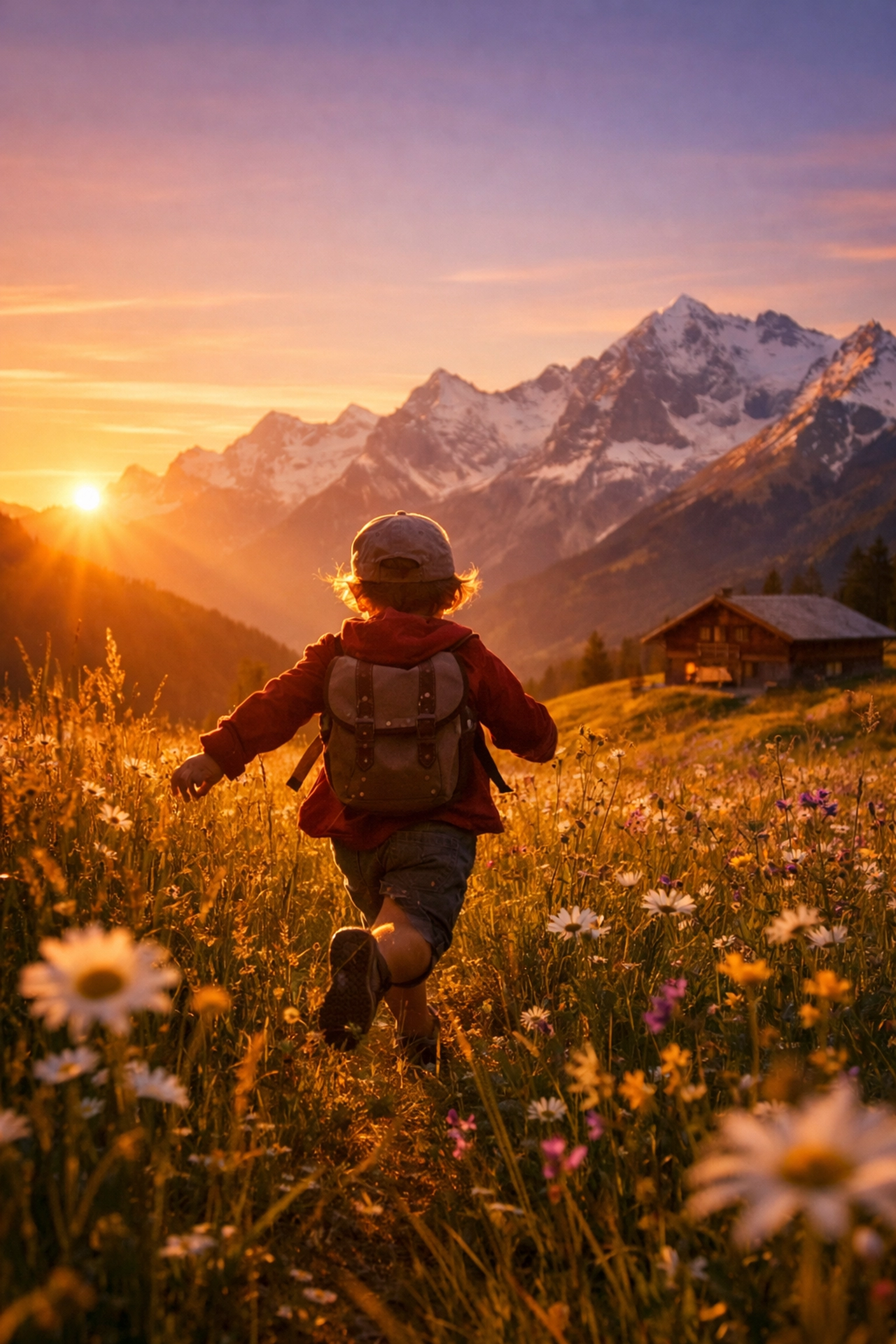 Child running in the Swiss Alps during golden hour, capturing magic family travel photos.