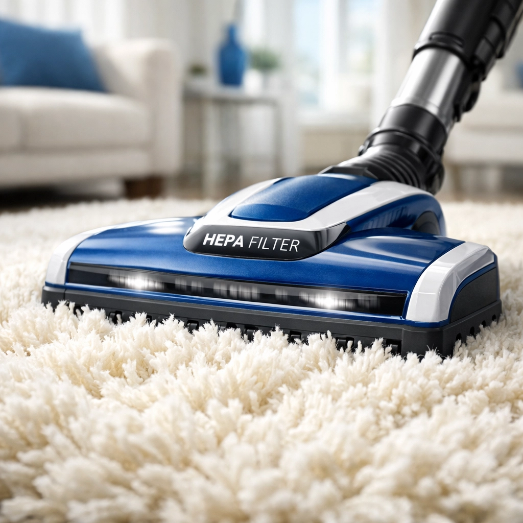 Professional eco-friendly house cleaning in Newton MA using a high-efficiency HEPA vacuum on a luxury rug.