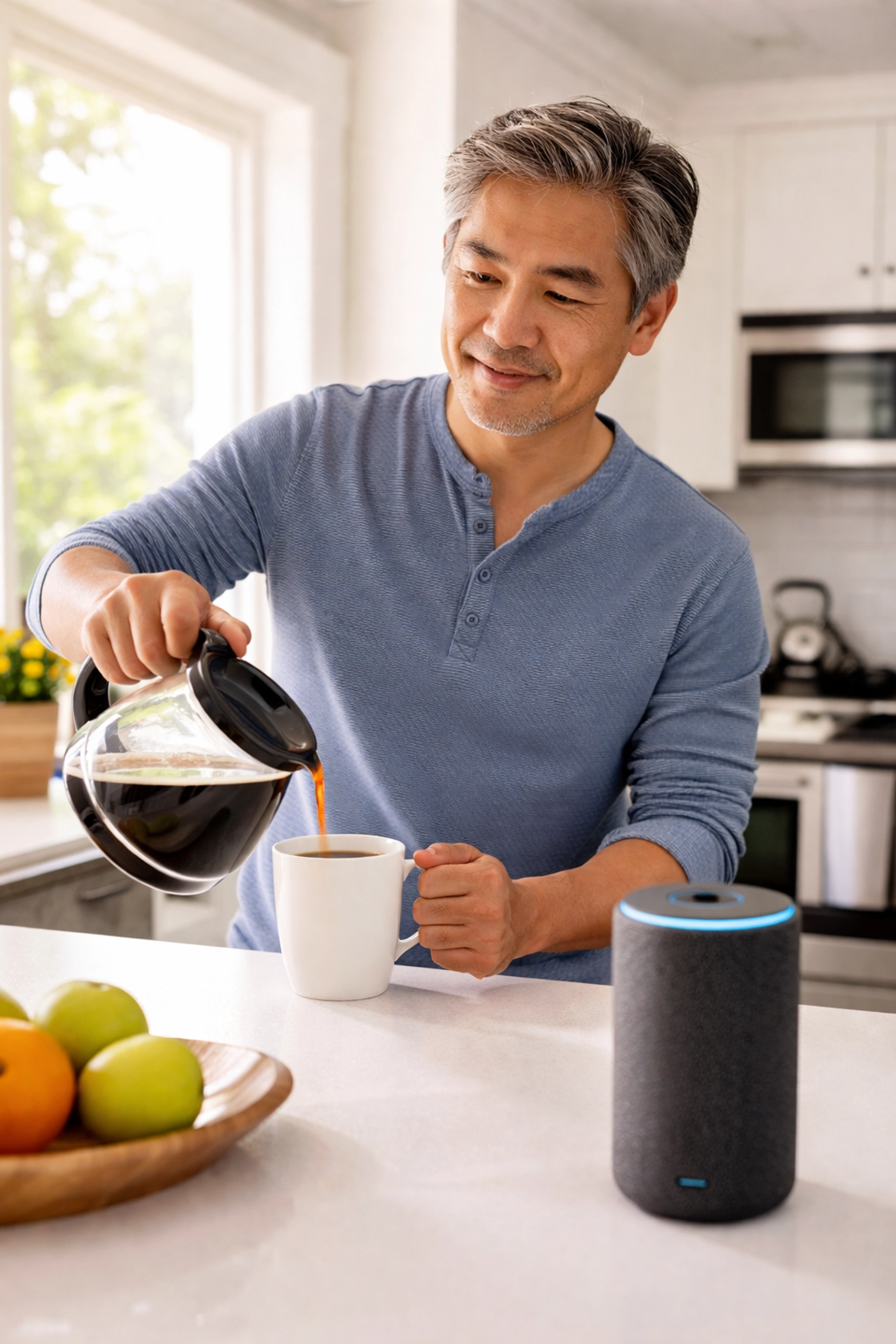 Man using smart speaker in kitchen while preparing morning coffee for hands-free convenience