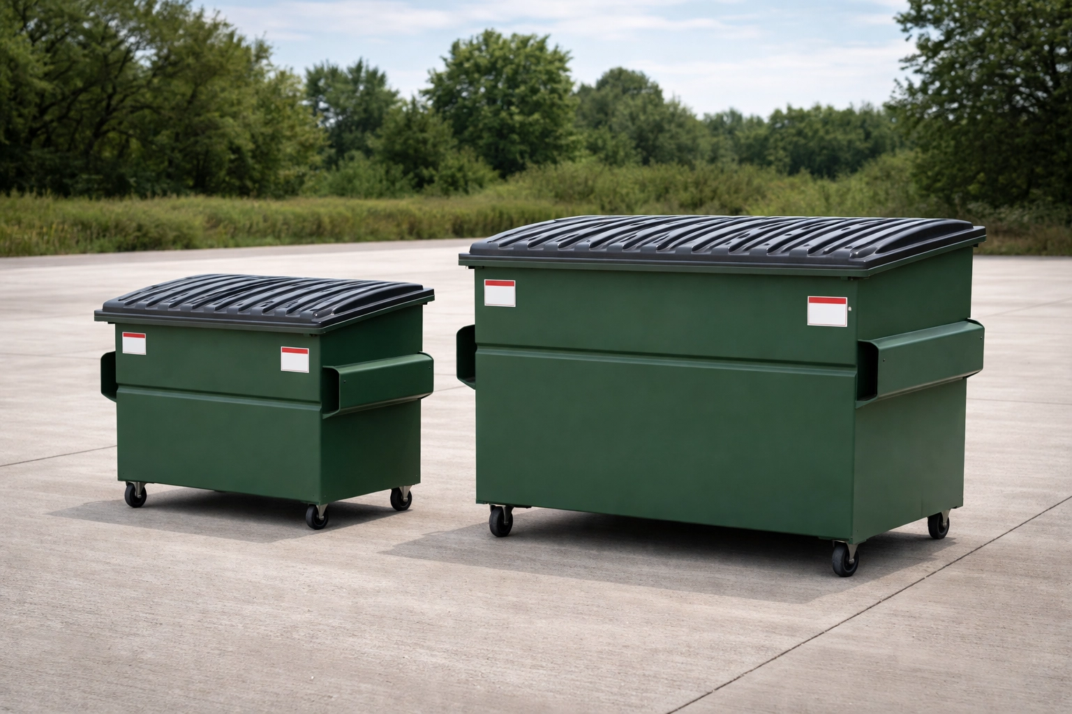 Side-by-side comparison of small and large dumpsters for Tulsa home projects on a concrete lot.