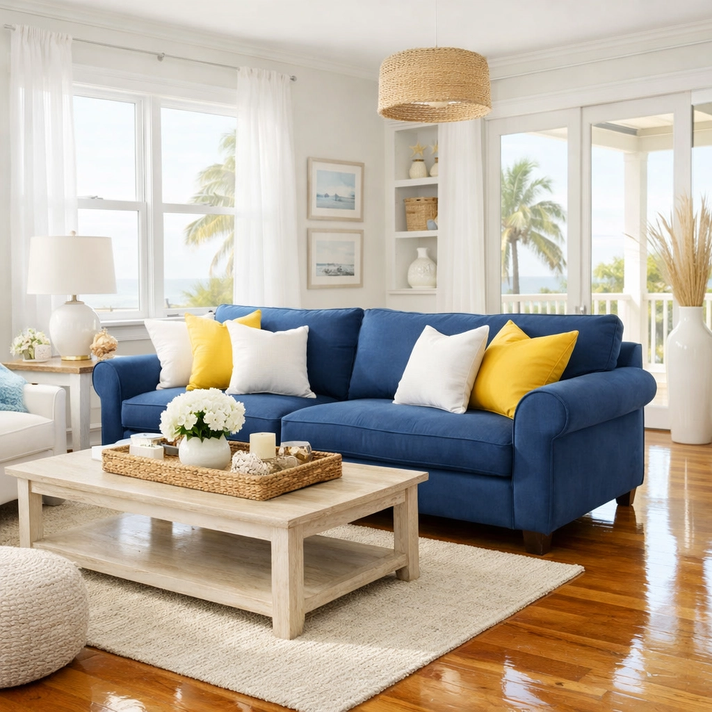 Gleaming living room with navy accents, illustrating the stress-free results of eco-friendly cleaning services Everett MA.