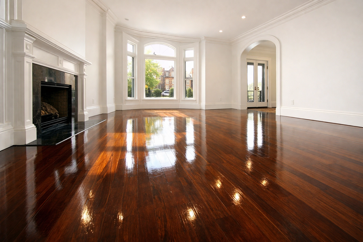 Immaculate hardwood floors in an empty brownstone following a move-out Apartment Cleaning Boston.