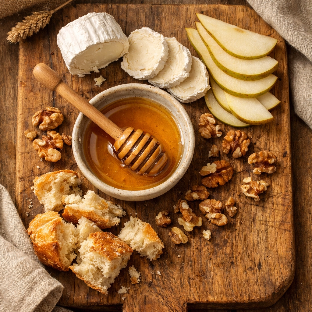 Local honey and cheese board with goat cheese, pears, and bread for romantic appetizer