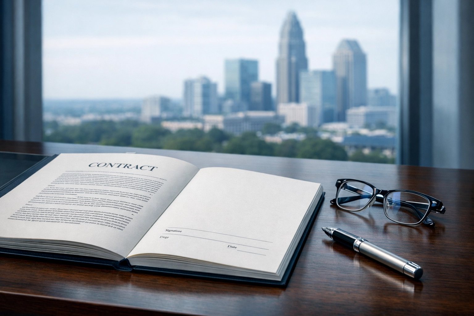 Legal franchise contract and pen on a desk in a North Carolina office for a business sale.