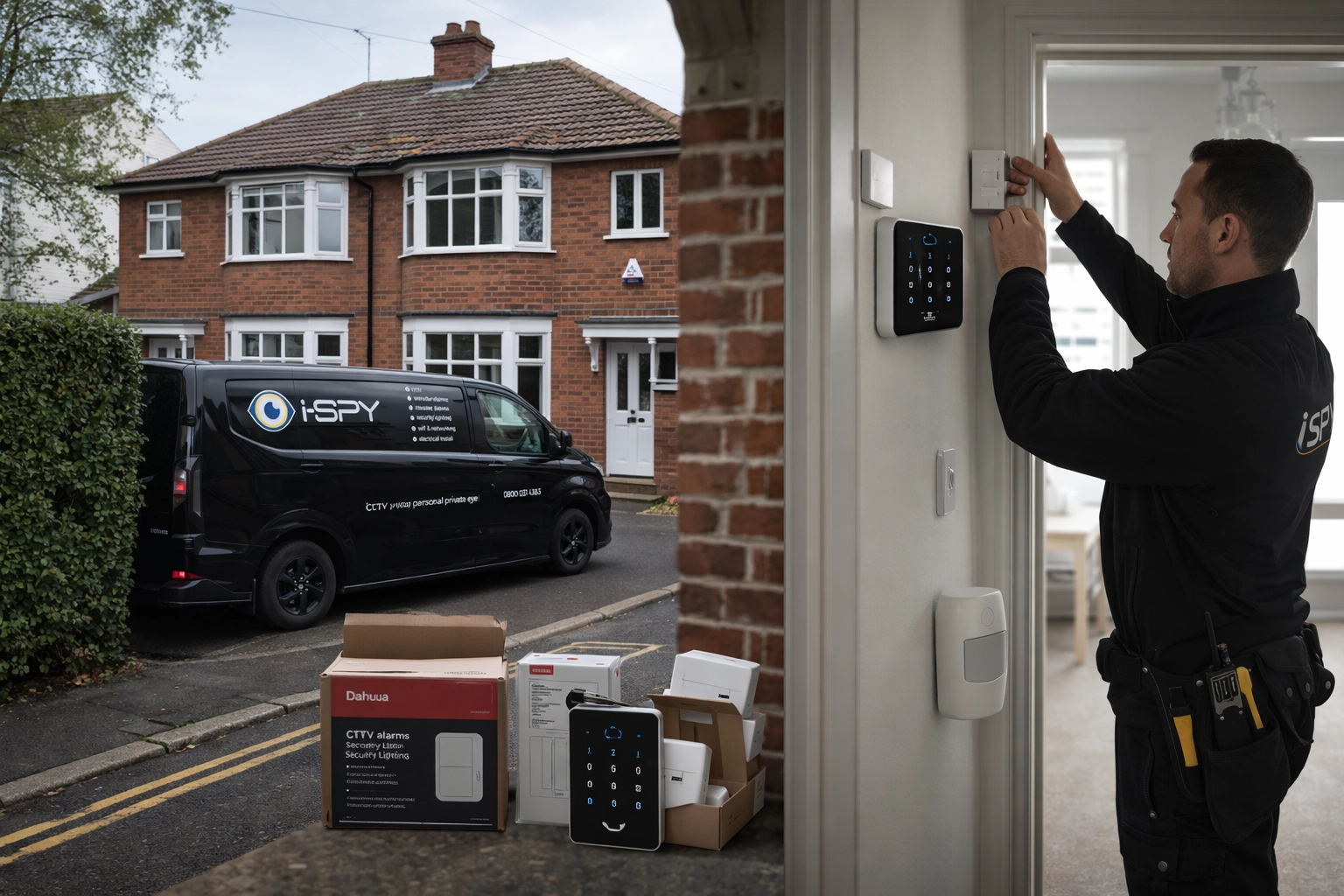 Modern wireless alarm keypad and door sensor fitted neatly inside a Bristol home hallway.