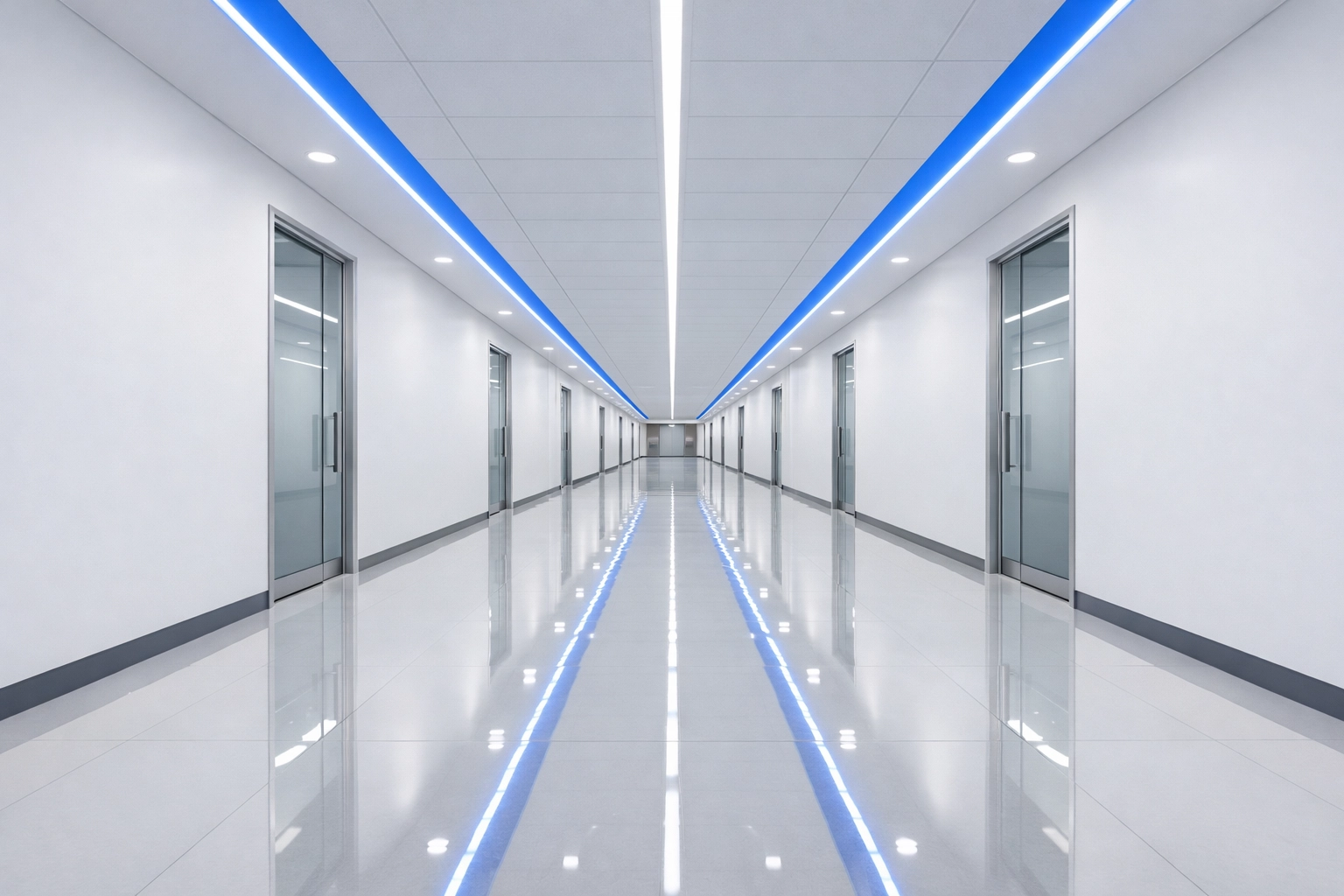 Pristine commercial office hallway in Lancaster, MA with high-gloss polished floors and dust-free walls.