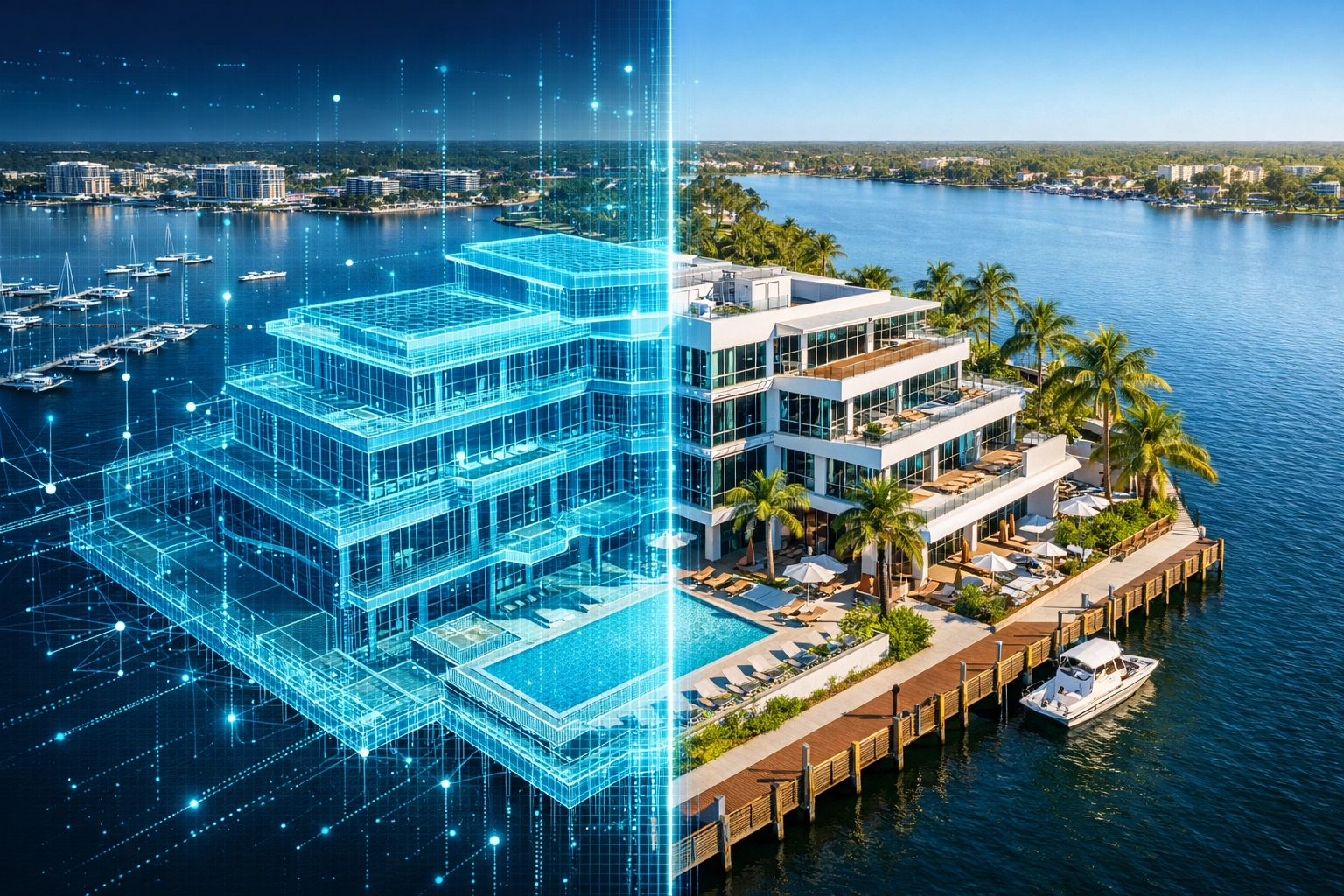 Digital twin 3D drone model of a Southwest Florida commercial building for advanced property management.