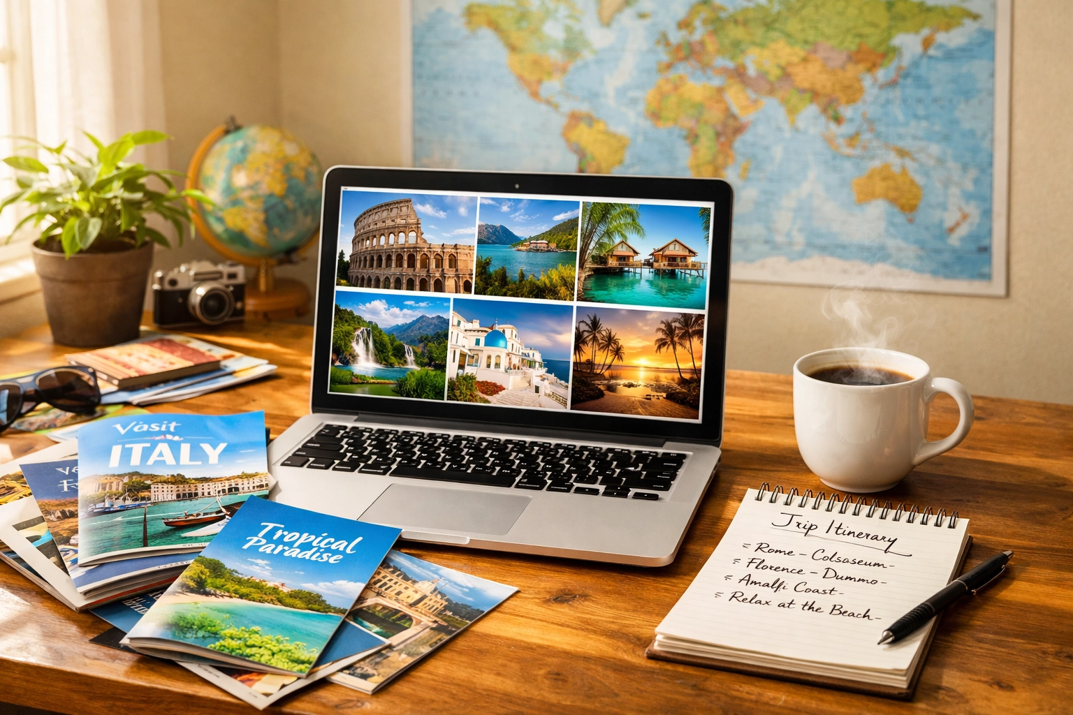 Home office desk with laptop, travel brochures, and itinerary notes for work from home travel advisor