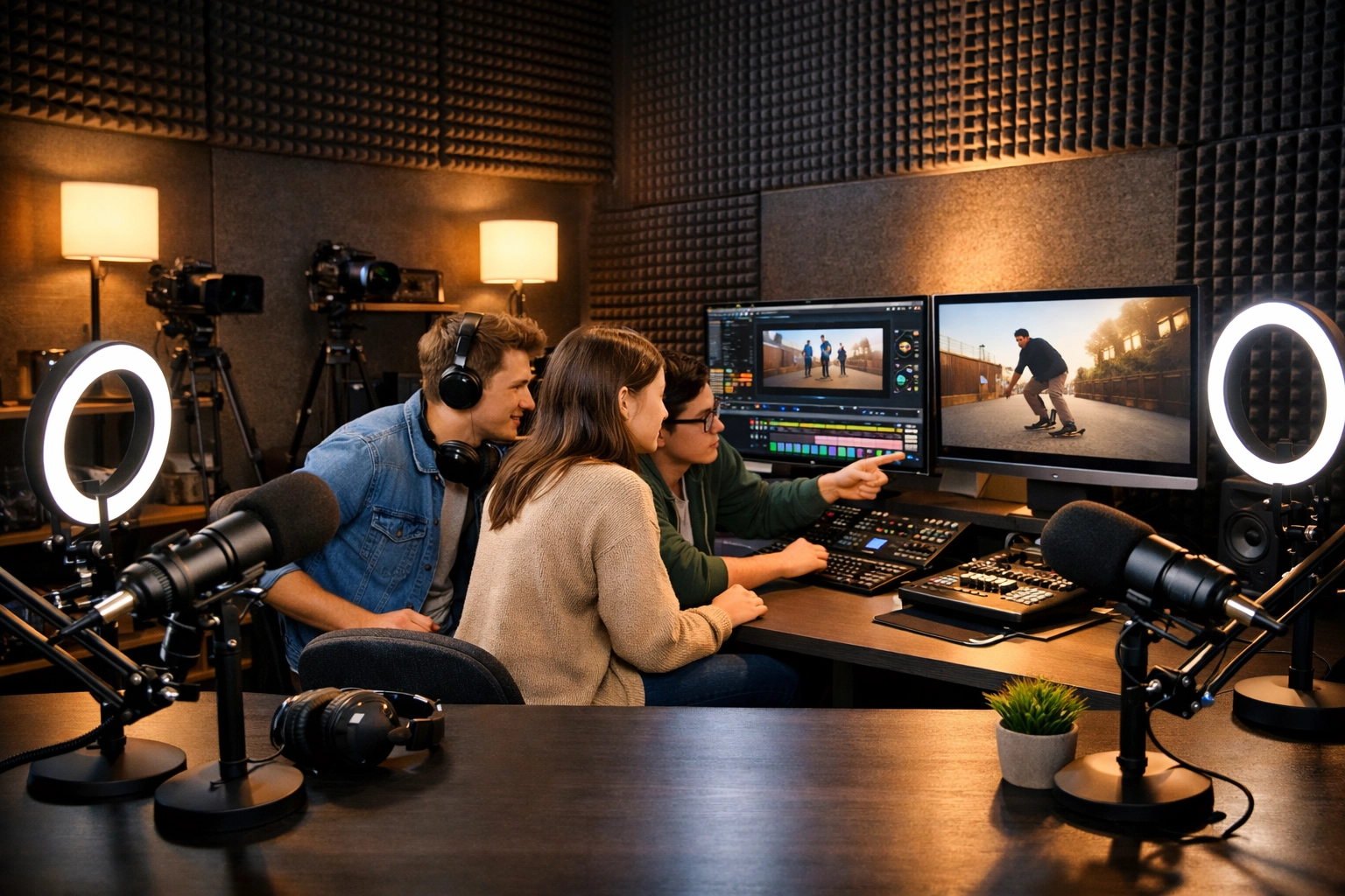 Professional content creation studio pod with podcasting equipment and editing stations for media training