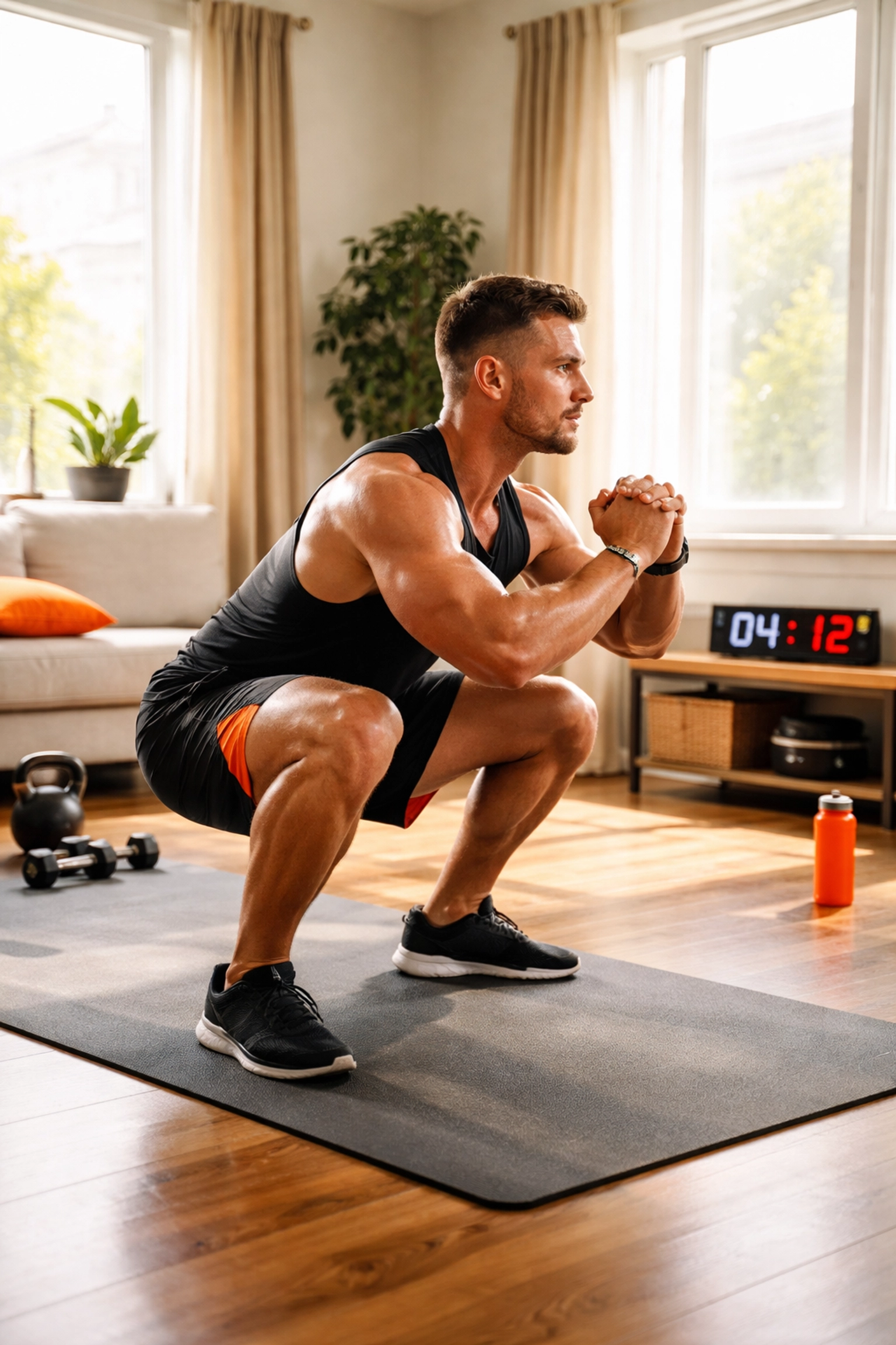 CrossFit athlete doing air squats in a bright living room home gym, highlighting proper form and intense full-body training.
